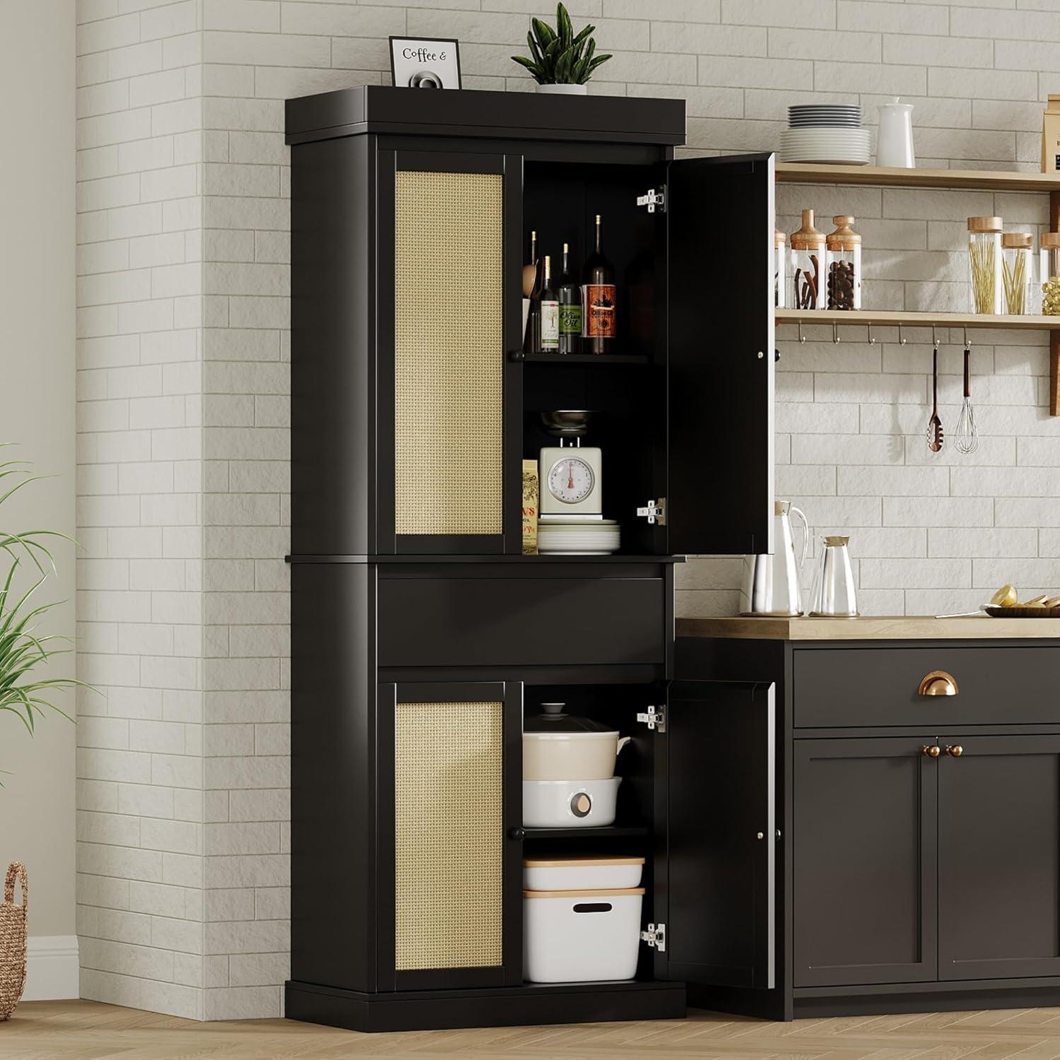 Tall Kitchen Pantry Cabinet 69" Storage Cabinet with Rattan Doors, Drawer and Adjustable Shelves, Cupboard for Bathroom Dining Room, Black