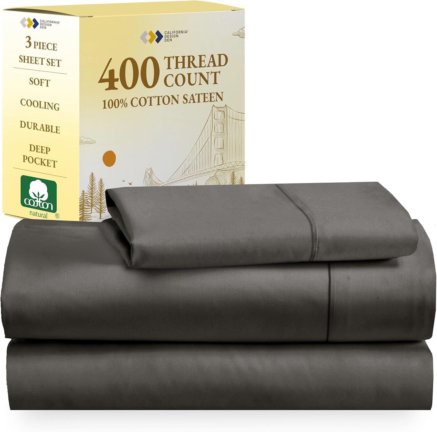 Dark Gray Twin XL Sheet Set - 100% Cotton Cooling Bed Sheets, 400 Thread Count Sateen Weave, Deep Pocket 3 Piece Bedding - California Design Den