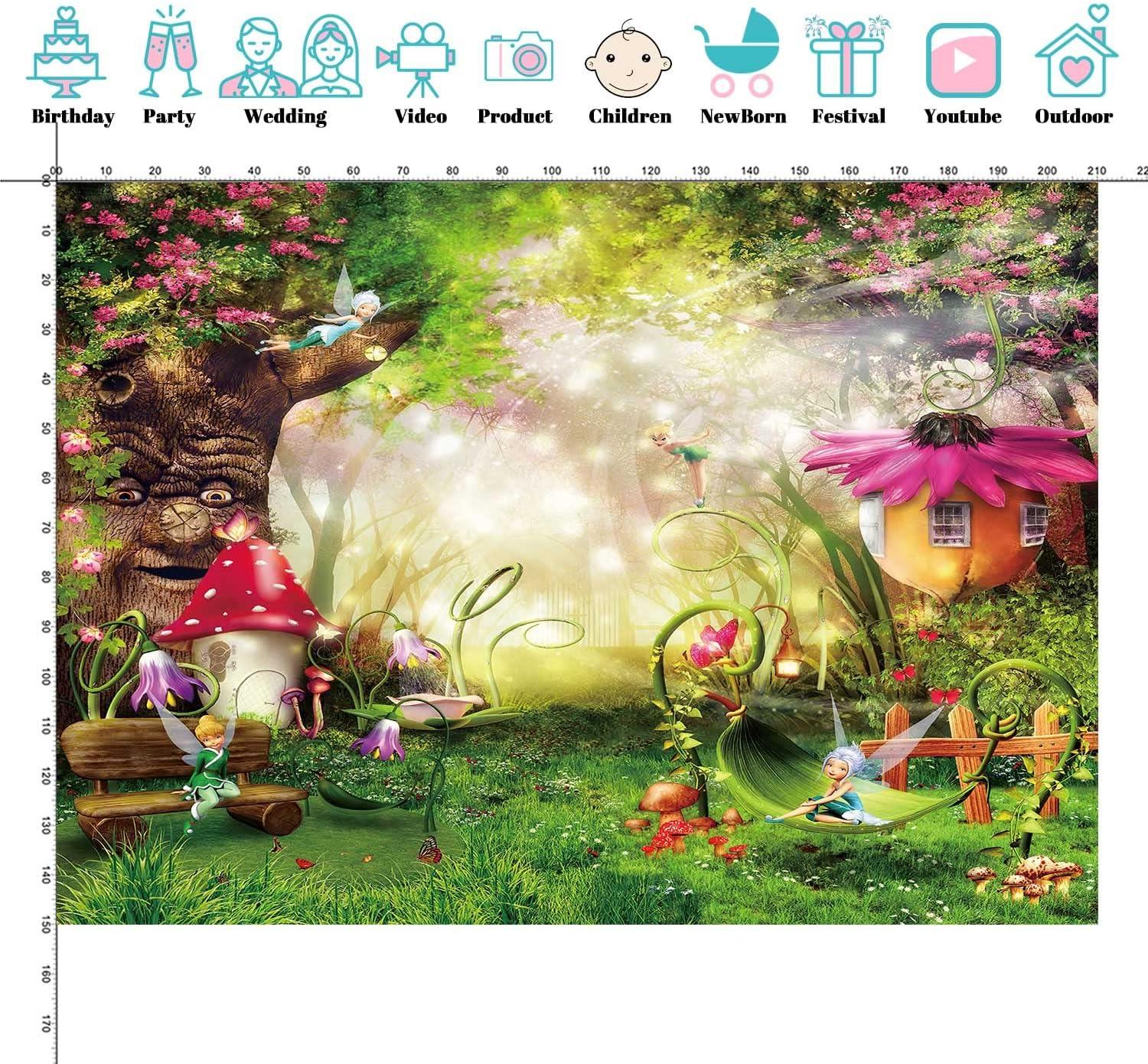7x5ft Enchanted Forest Photo Background Fairy Tale Magic Big Tree Mushroom Princess Girl Birthday Party Decorations Banner Backdrops for Photography P3520W-B