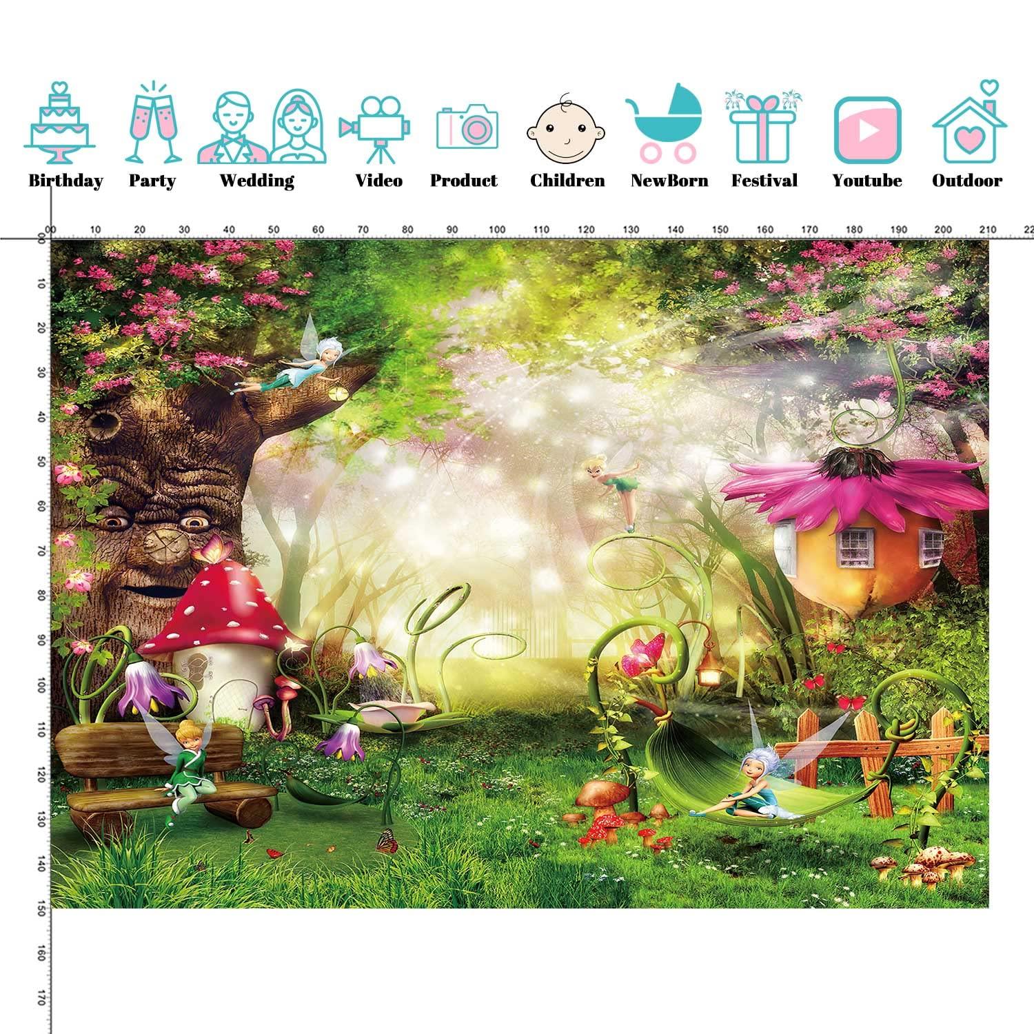 7x5ft Enchanted Forest Photo Background Fairy Tale Magic Big Tree Mushroom Princess Girl Birthday Party Decorations Banner Backdrops for Photography P3520W-B