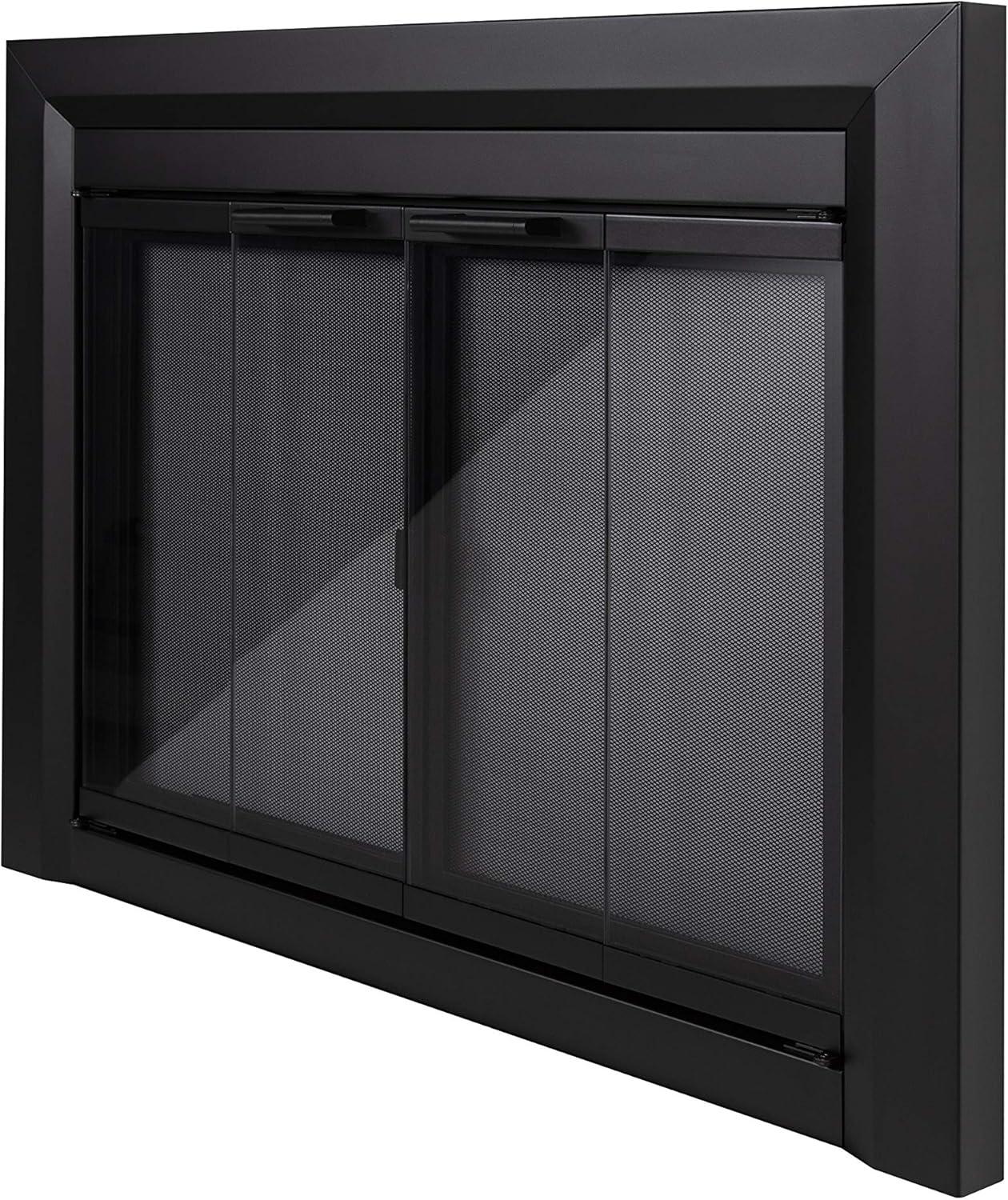 Pleasant Hearth Clairmont Fireplace Screen and Bi-Fold Track-Free Smoked Glass Doors - Black