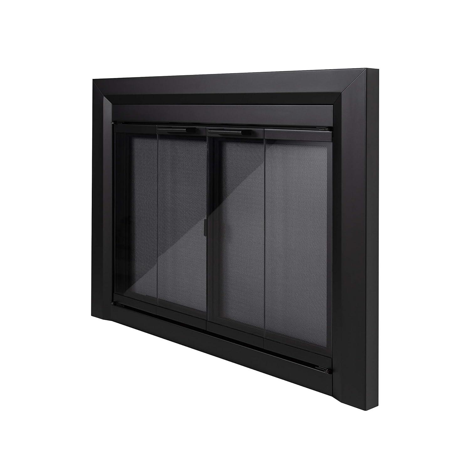 Pleasant Hearth Clairmont Fireplace Screen and Bi-Fold Track-Free Smoked Glass Doors - Black