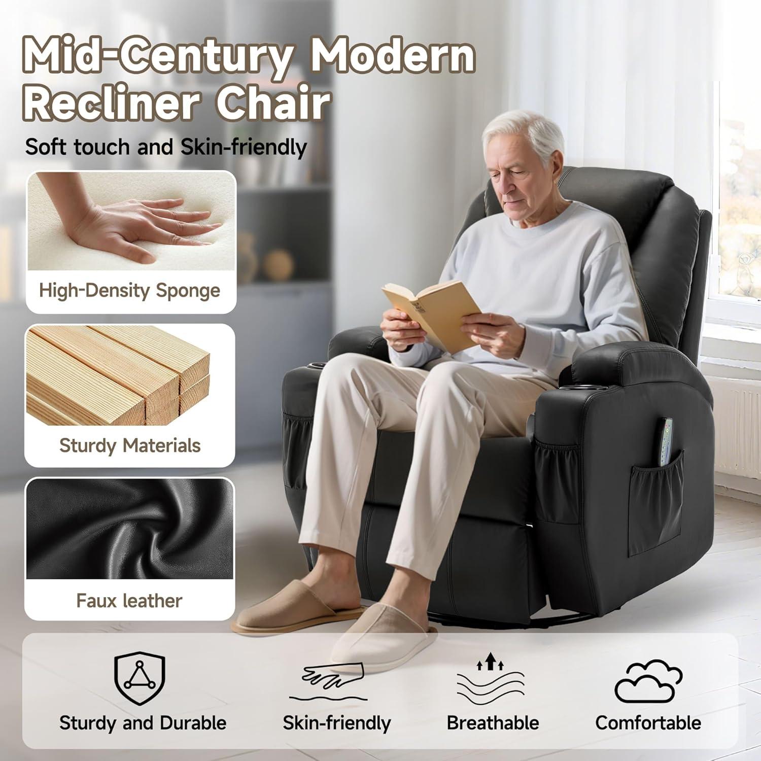 Latitude Run® Recliner Chair, Rocking Chair with Massage and Heat, 360° Swivel Recliner Chairs for Adults, Rocker Manual Recliner with Remote Control and Cup Holder for Living Room