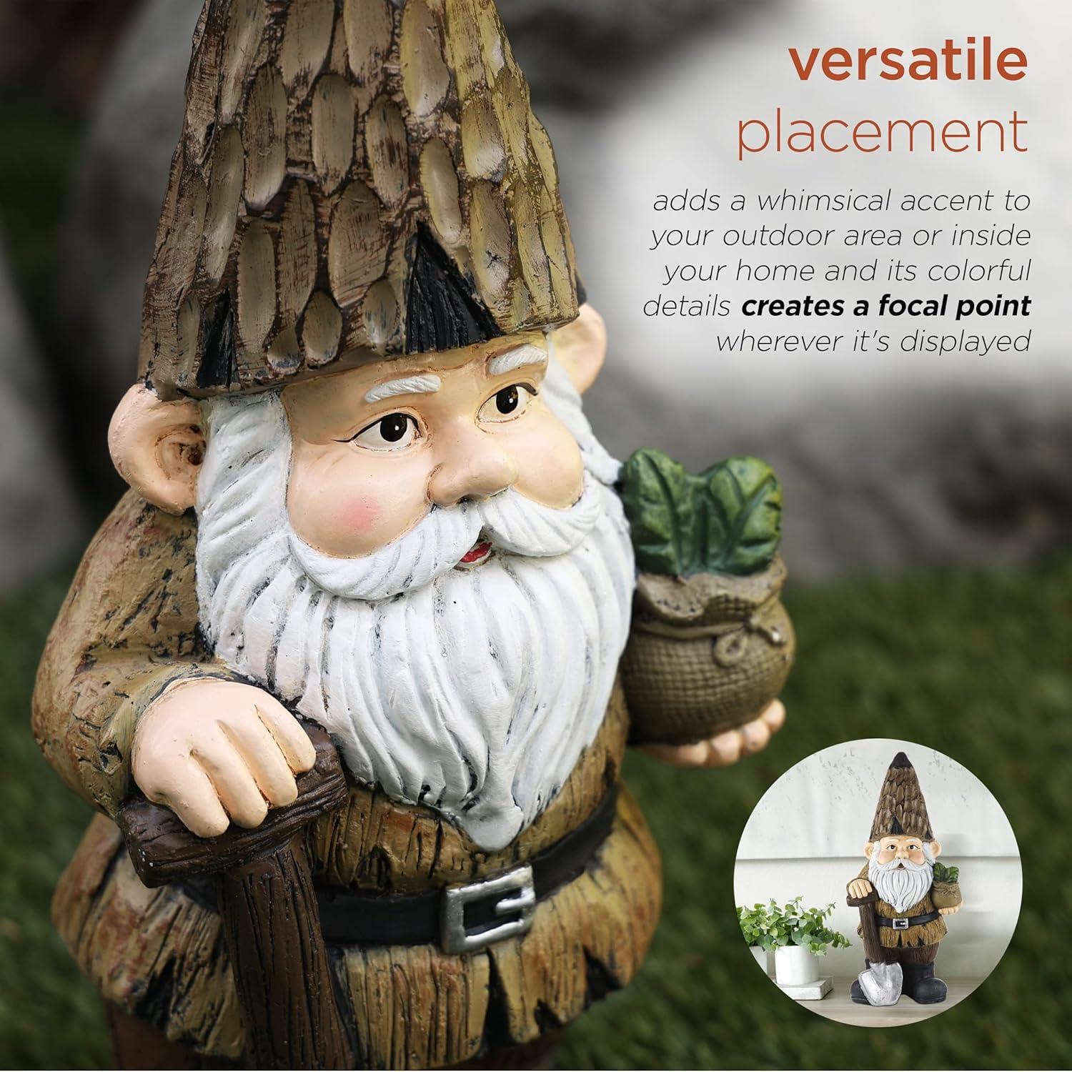 Alpine Corporation 7" x 6" x 16" Polystone Gnome with Shovel Garden Statue, Brown