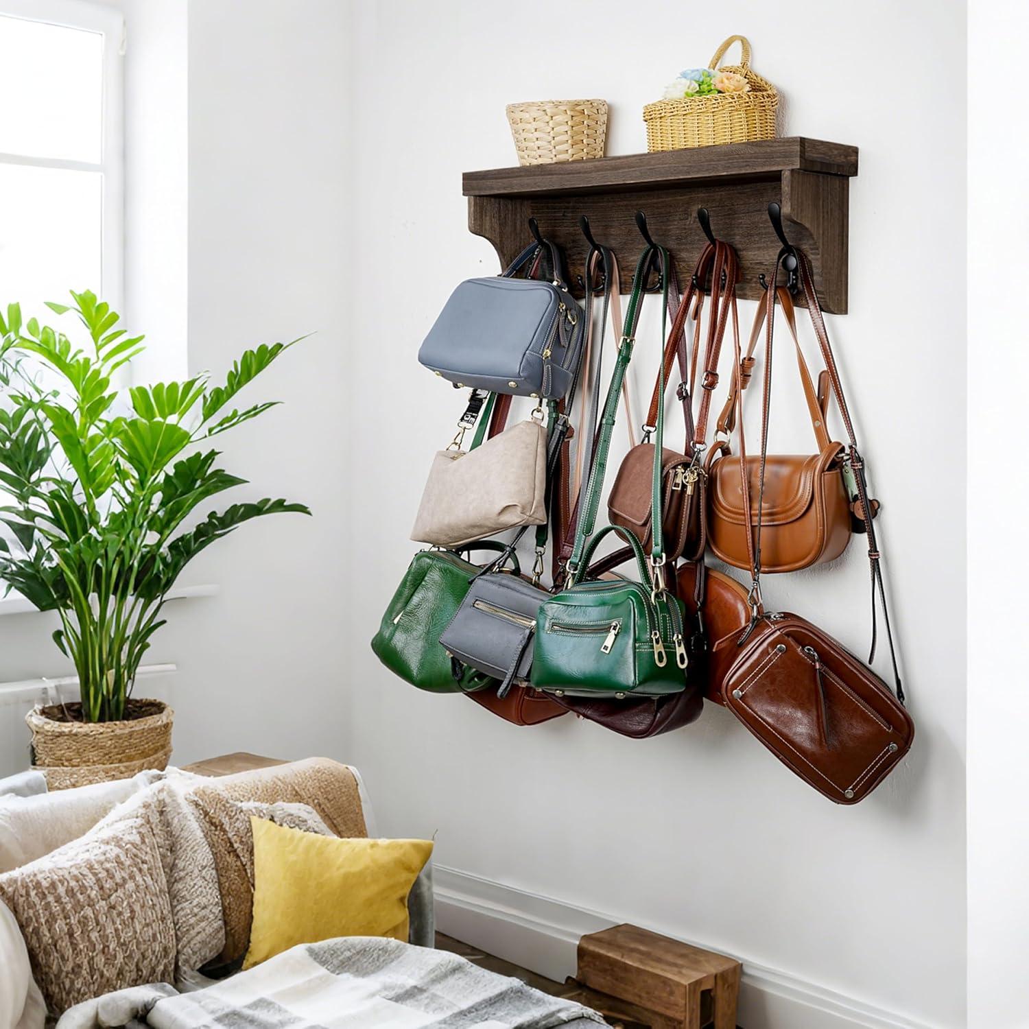 HBCY Creations Rustic Brown Solid Wood Wall Mounted Coat Rack with Shelf, 5 Hooks, 24" Long - Kitchen, Mudroom, Entryway, Bathroom - Includes Mounting Hardware, Coat Hanger, Dog Leash Hooks