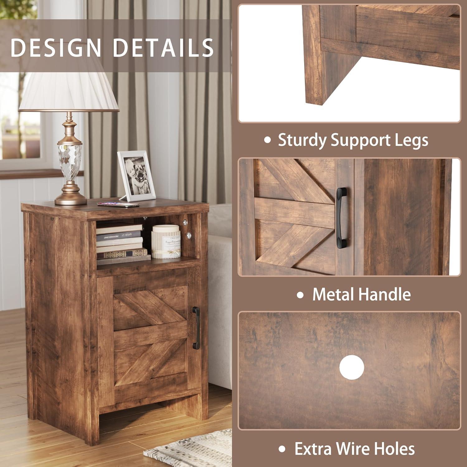 Farmhouse Nightstand, Modern Bedside Table Set of 2 with Barn Door and Shelf, Rustic End Table Side Table for Bedroom, Living Room (White)