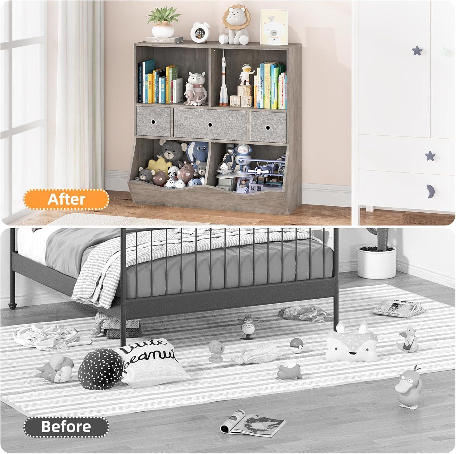 3-Tier Kids Bookshelf, Toy Storage Organizer with 3 Drawers,Wooden Bookcase with Large Toy Storage Cabinet for Playroom