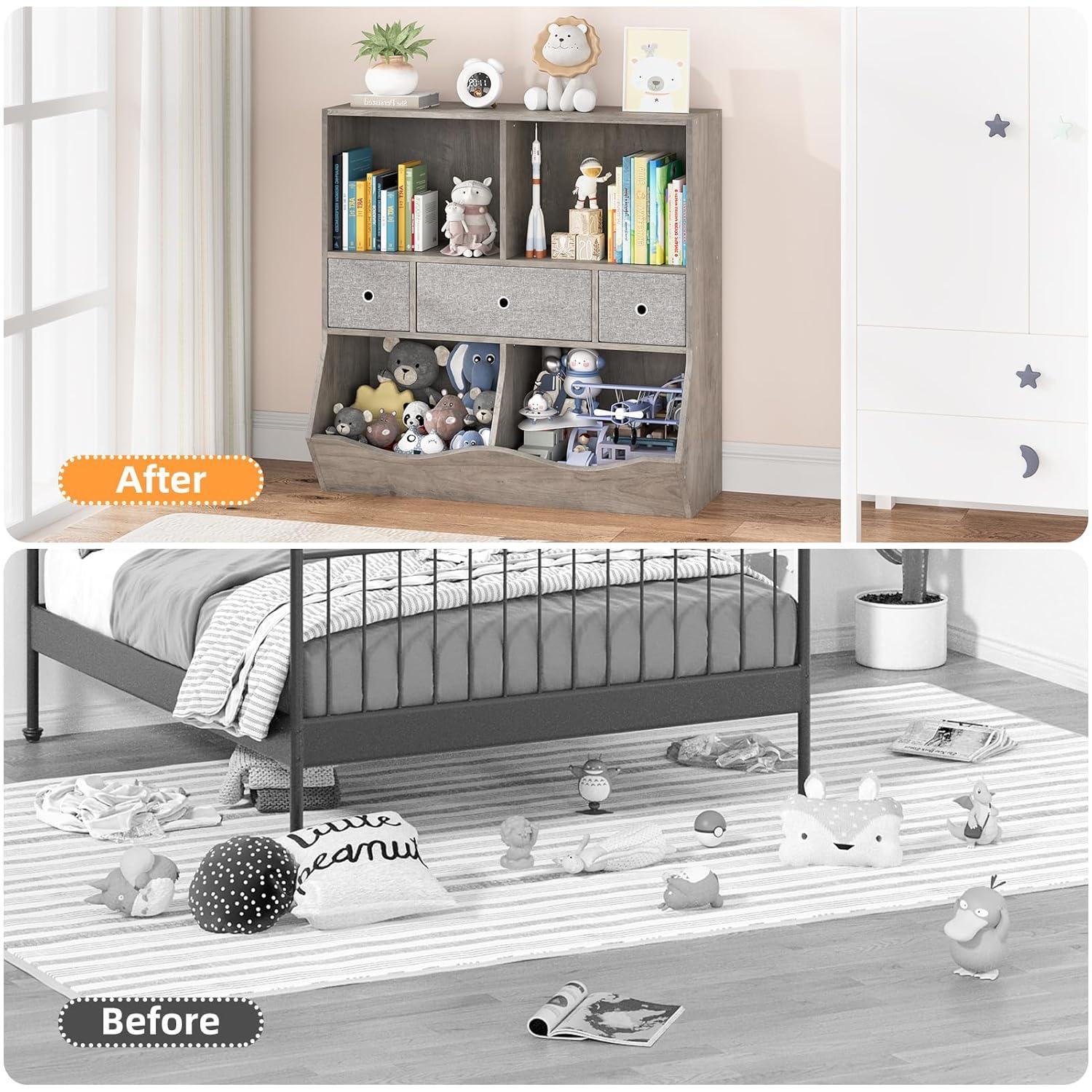 3-Tier Kids Bookshelf, Toy Storage Organizer with 3 Drawers,Wooden Bookcase with Large Toy Storage Cabinet for Playroom