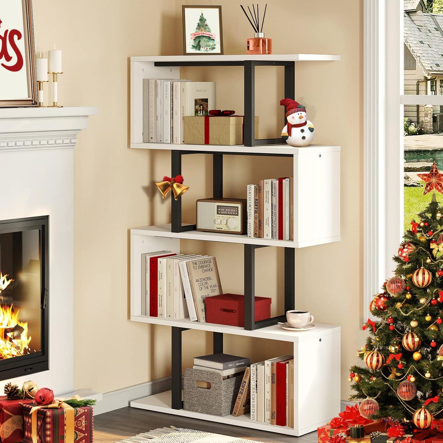 Satiny 5-Tier Bookshelf, S-Shaped Z-Shelf Bookshelves and Bookcase, Modern Freestanding Multifunctional Decorative Storage Shelving for Living Room Home Office, Cream White