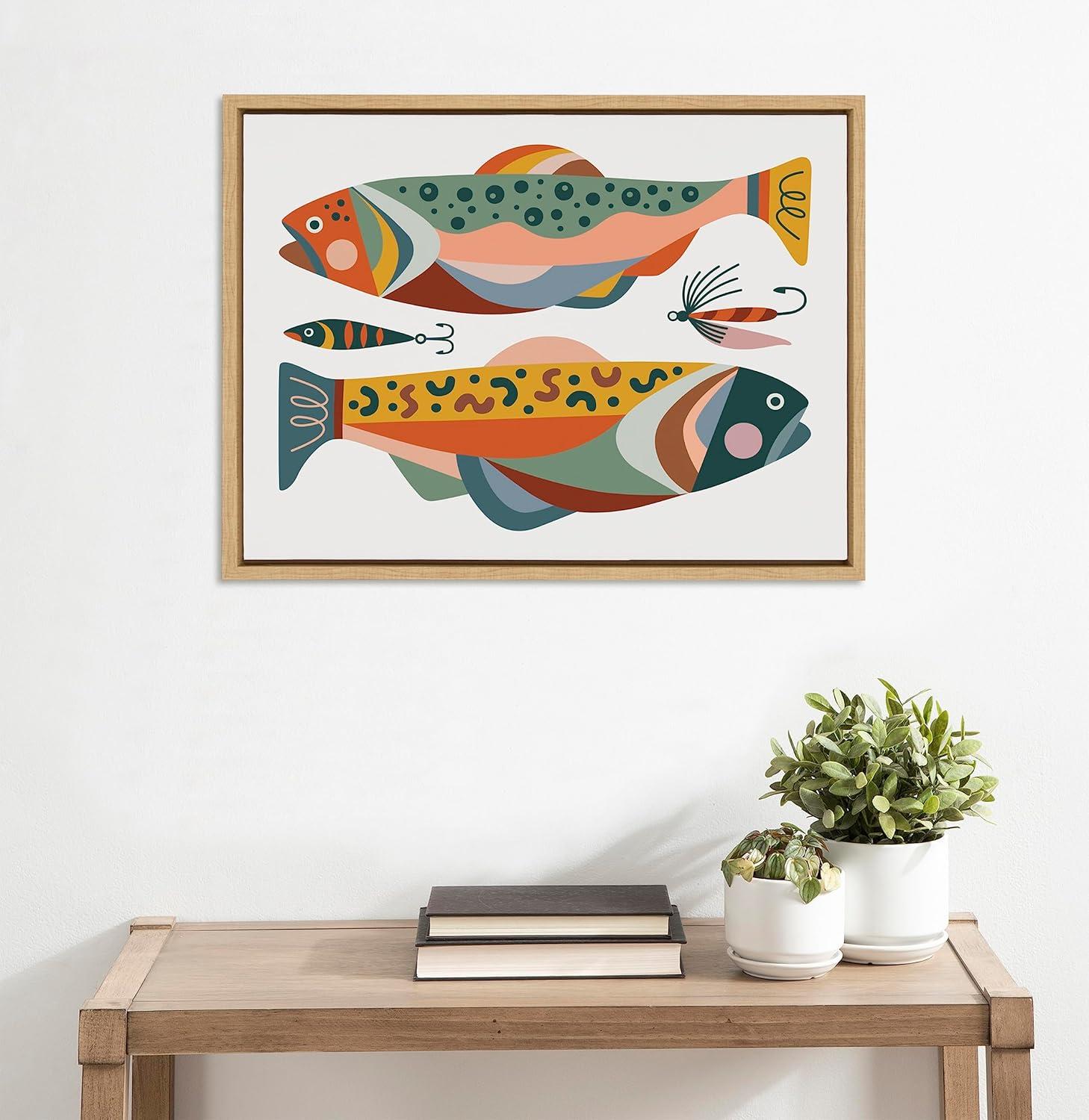 Kate and Laurel Sylvie Gone Fishing Framed Canvas Wall Art by Rachel Lee of My Dream Wall, 18x24 Natural, Bright Colorful Fish Art Print for Wall Decor