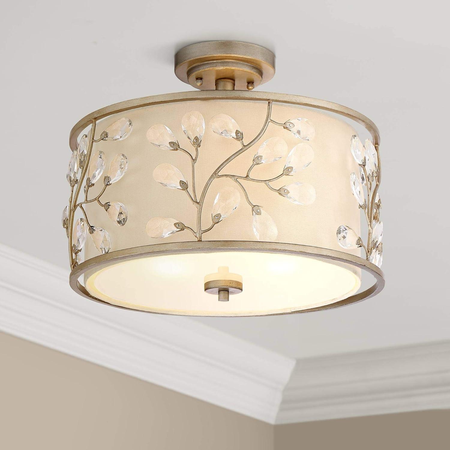 Barnes and Ivy Crystal Buds Vintage Ceiling Light Semi Flush Mount Fixture 16" Wide Antique Silver 3-Light Beige Fabric Drum Shade for Bedroom Kitchen