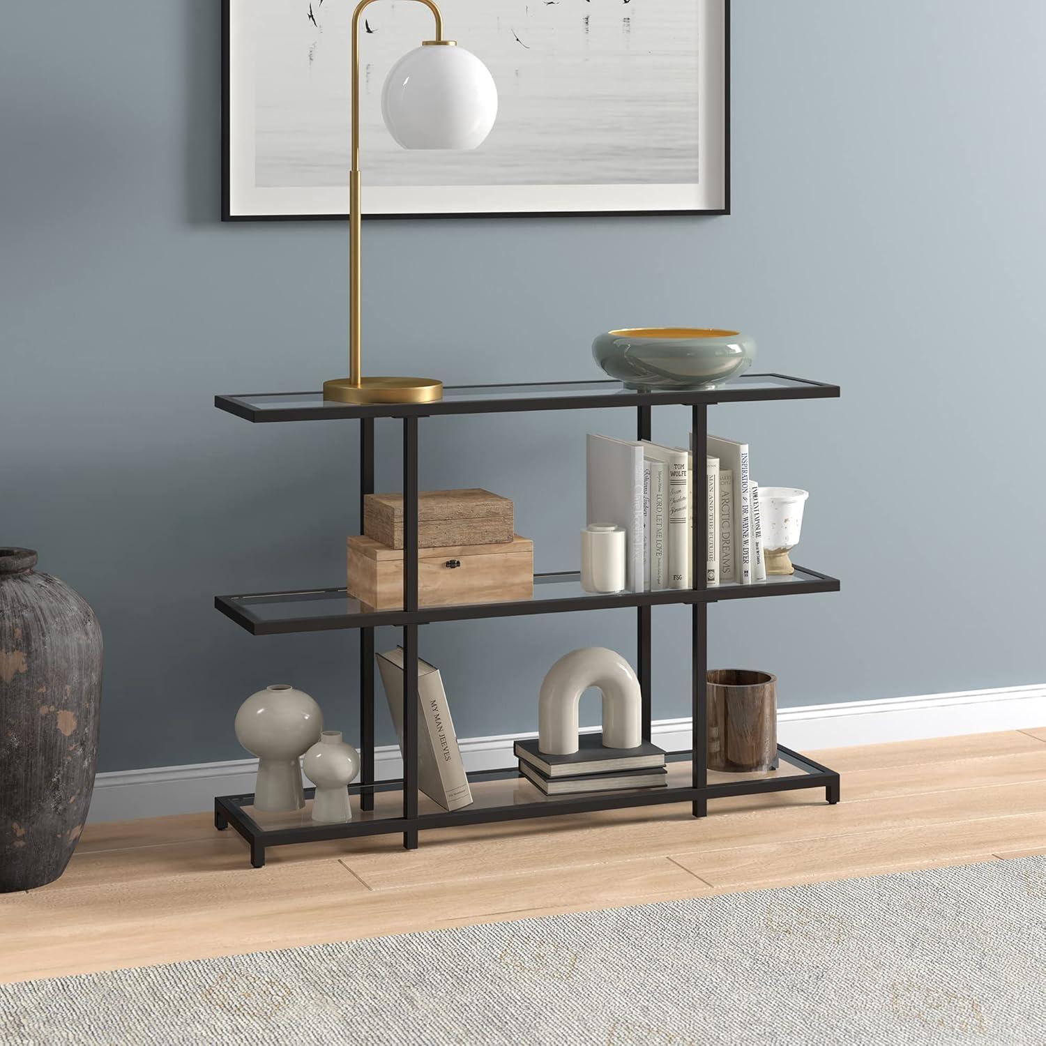 Greenwich 42'' Blackened Bronze Console Table with Tempered Glass Shelves