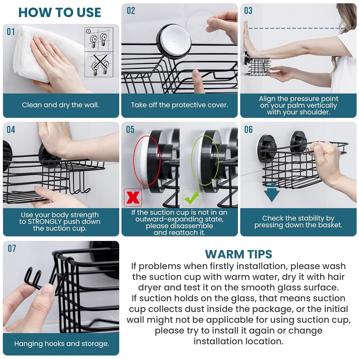 Shower Caddy Suction Cup 2 Pack With Hooks & Soap Holder, Heavy Duty Shower Organizer For Bathroom