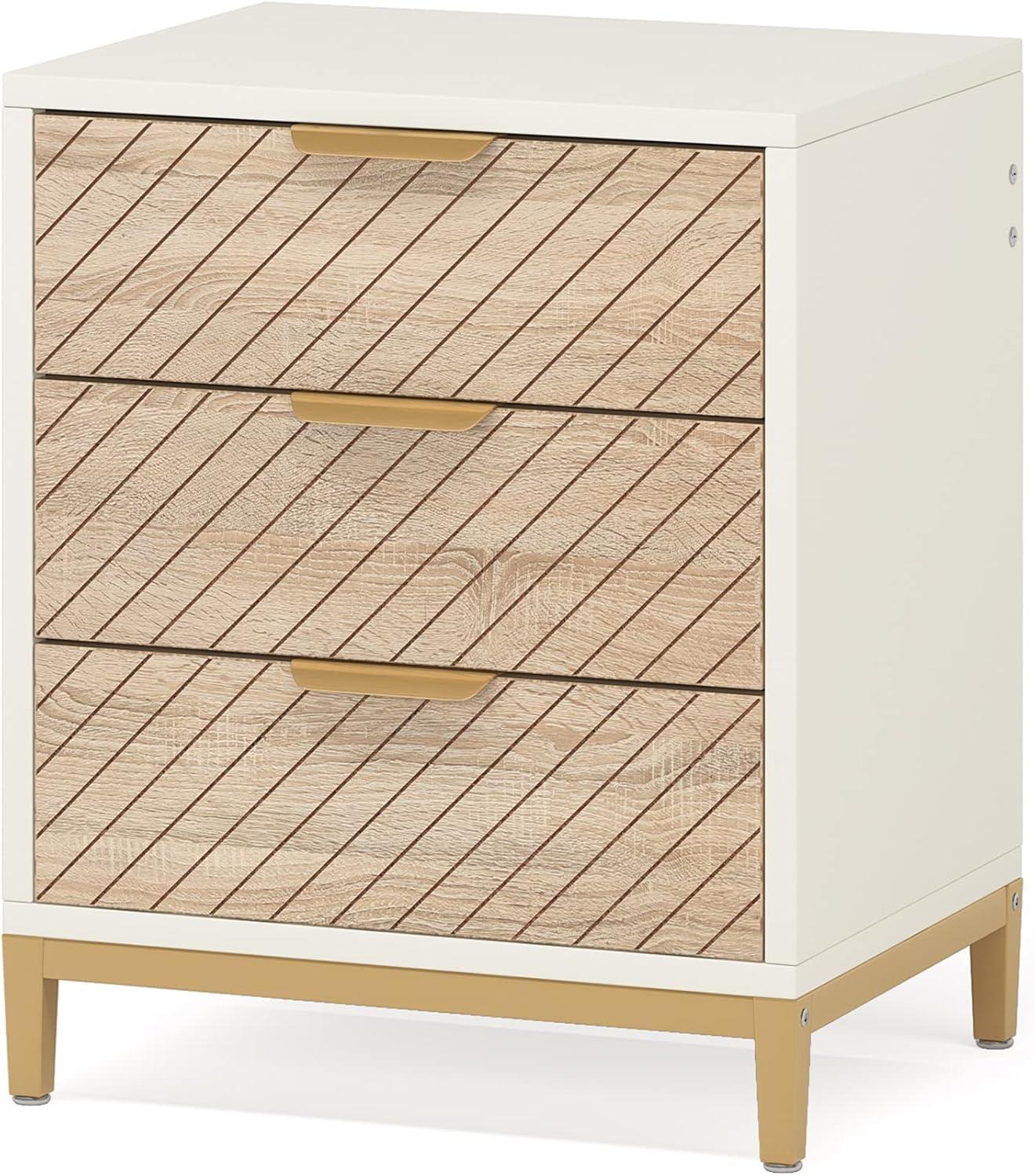 White and Gold Light Woodgrain 3-Drawer Nightstand