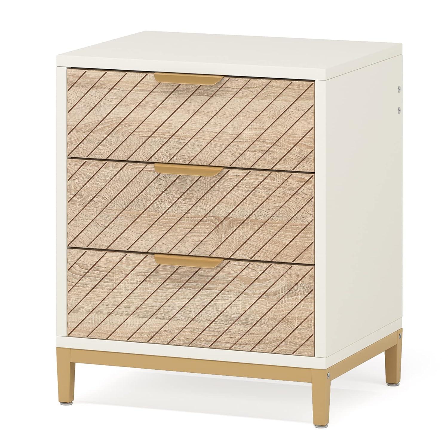 Topcobe Night Stands for Bedrooms, White and Gold Light Wood Grain Nightstands with 3 Drawers Bedside End Tables Storage for Living Room