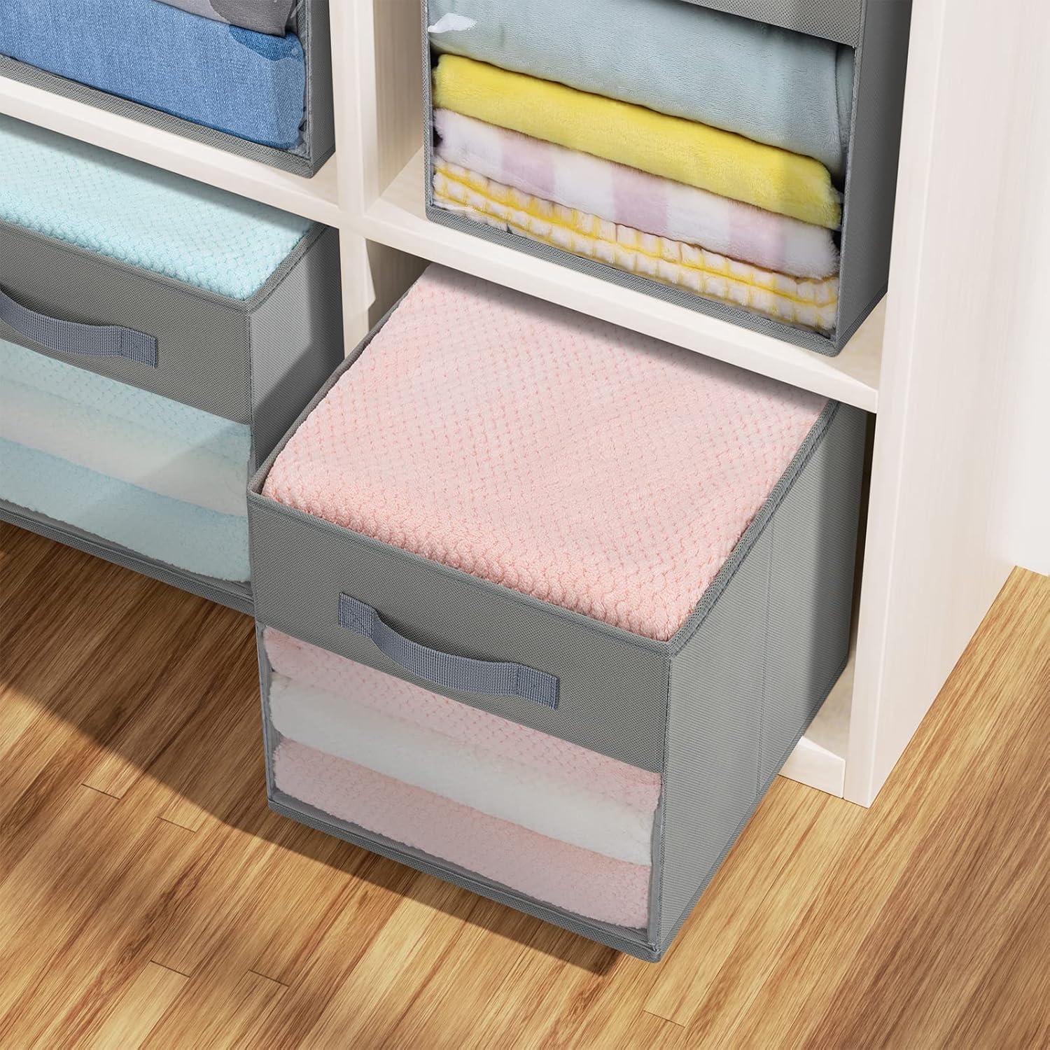 Storage Cubes, 6 Pack Cube Storage Bin, Foldable Storage Cubes With Window, Closet Storage Bins With Handle,Storage Cubes For Clothes, Toys, Books (Grey)