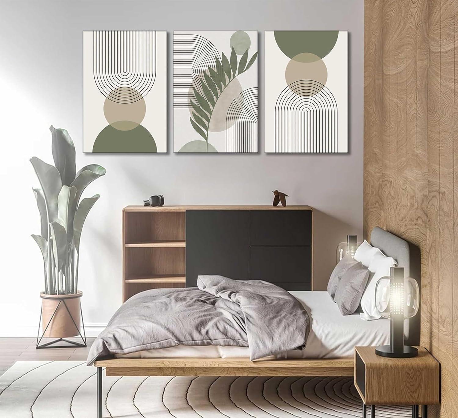 Framed Boho Wall Art, Abstract Sage Green Wall Decor Palm Leaf Sun Moon Line Green Canvas Painting, Minimalist Geometric Boho Room Decor, Sage Green Wall Posters & Prints for Living Room,