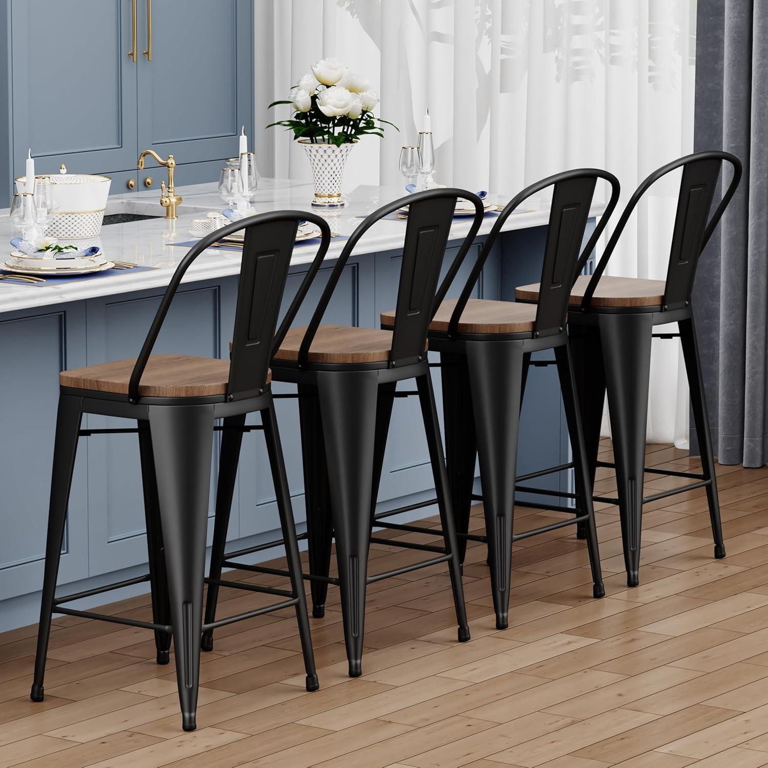 Alunaune 26" Swivel Metal Bar Stools Set of 4 High Back Counter Height Barstools Industrial Dining Bar Chairs with Large Wooden Seat-Matte Black