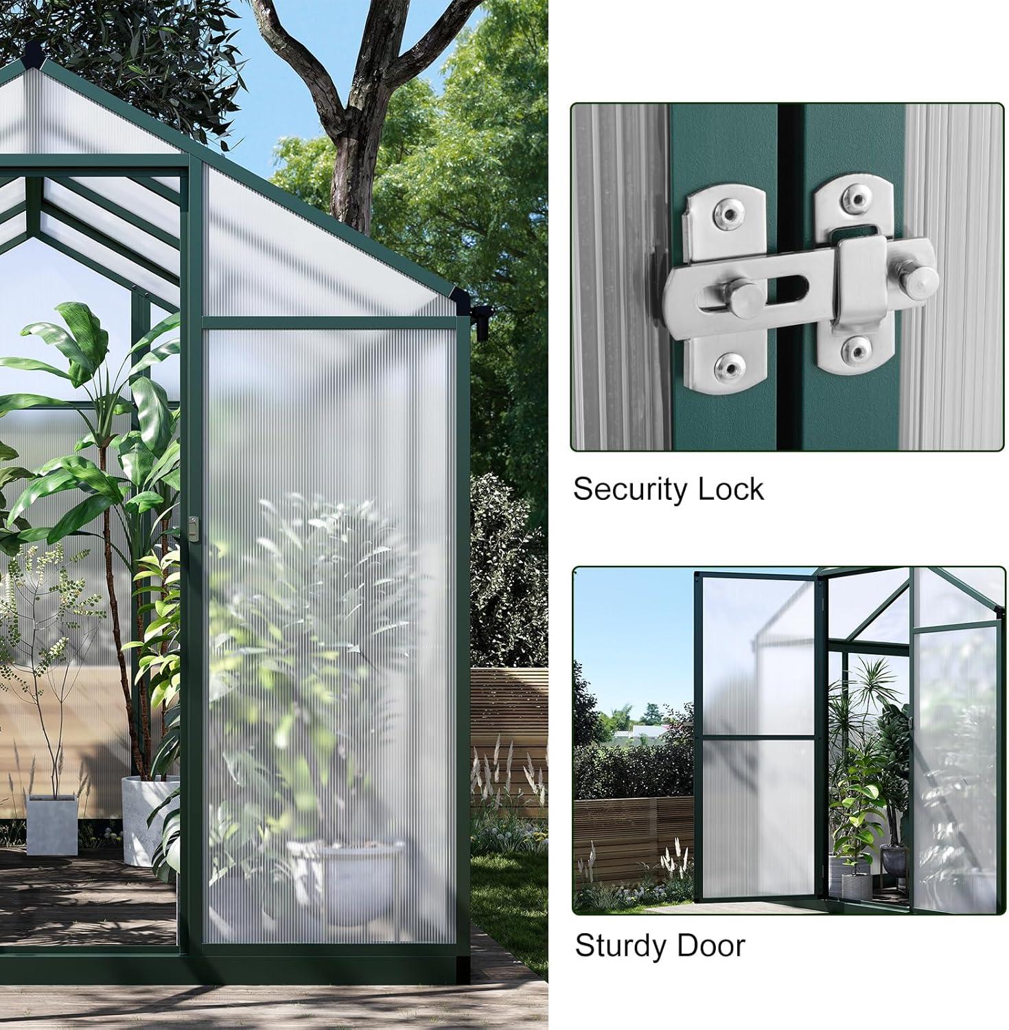6.25 x 6 Ft Greenhouse for Outdoors, Aluminum Alloy & Polycarbonate Green House with Windows Vent, for Patio, Backyard, Garden,Green