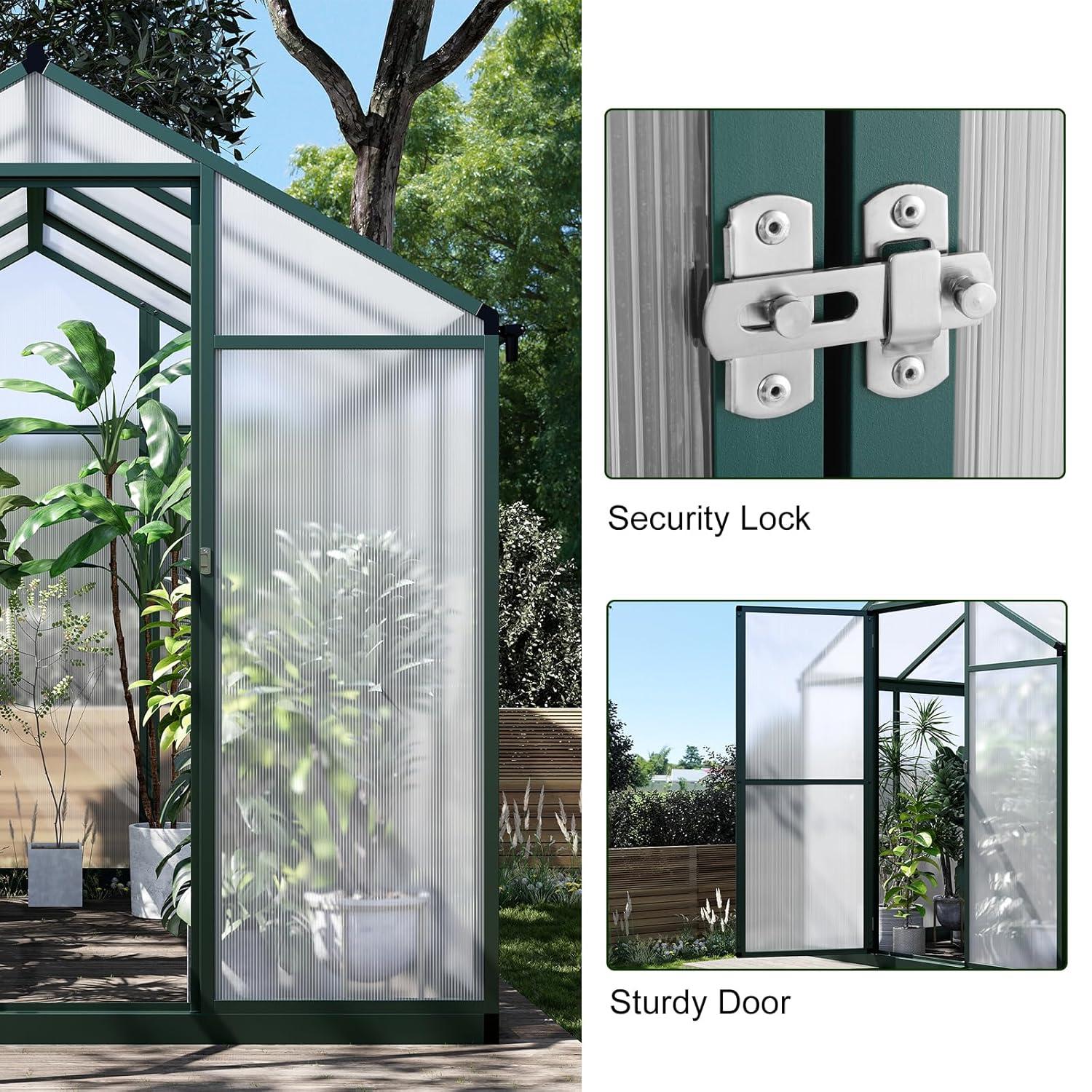 6.25 x 6 Ft Greenhouse for Outdoors, Aluminum Alloy & Polycarbonate Green House with Windows Vent, for Patio, Backyard, Garden,Green