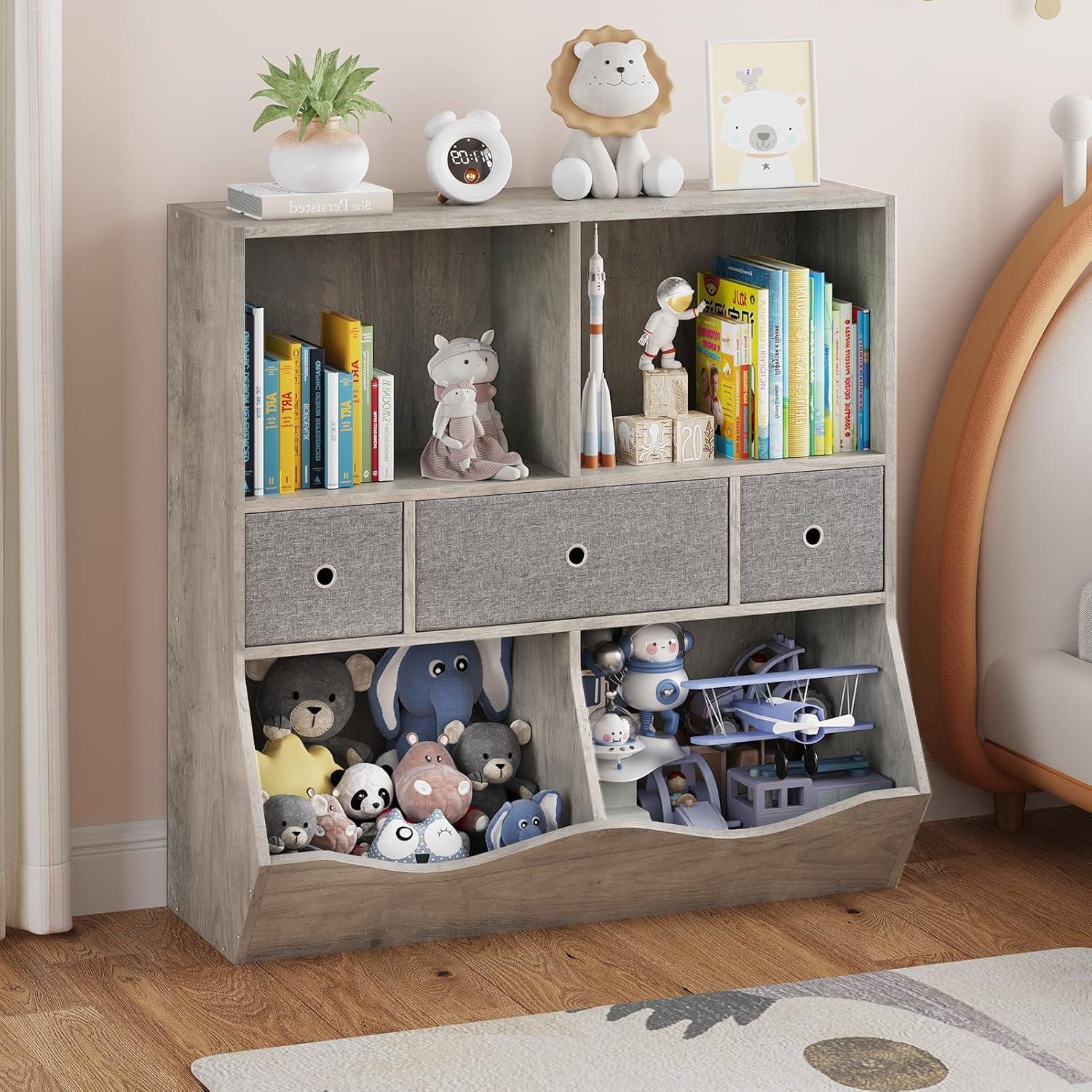3-Tier Kids Bookshelf, Toy Storage Organizer with 3 Drawers,Wooden Bookcase with Large Toy Storage Cabinet for Playroom