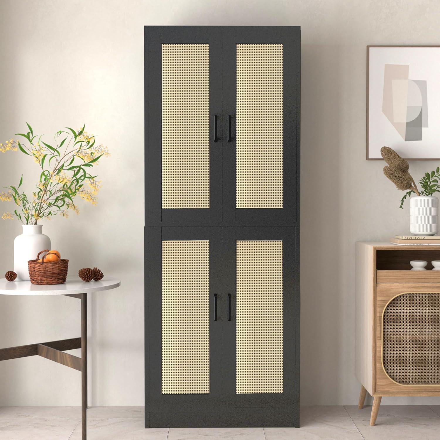 Bay Isle Home™ Rattan Kitchen Pantry Cabinet, 71" Tall Kitchen Pantry Storage Cabinet With Doors, Boho Kitchen Pantry Hutch With Storage For Kitchen, Dining Room