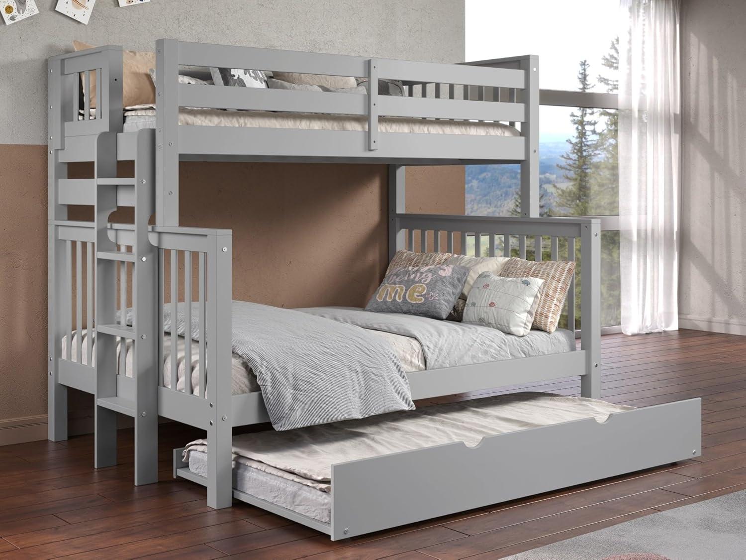 Bedz King Bunk Beds Twin over Full Mission Style with End Ladder and a Twin Trundle, Gray