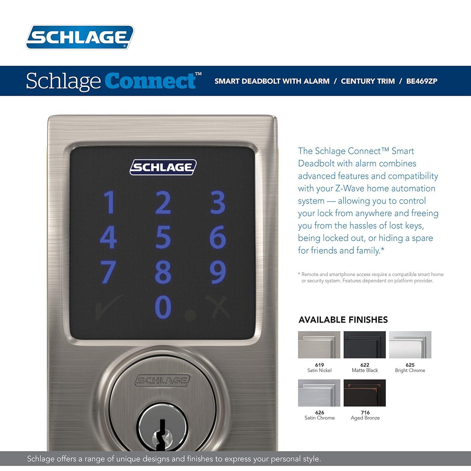 Schlage Be469nx-Cen Connect Century Touchscreen Electronic Deadbolt - Chrome