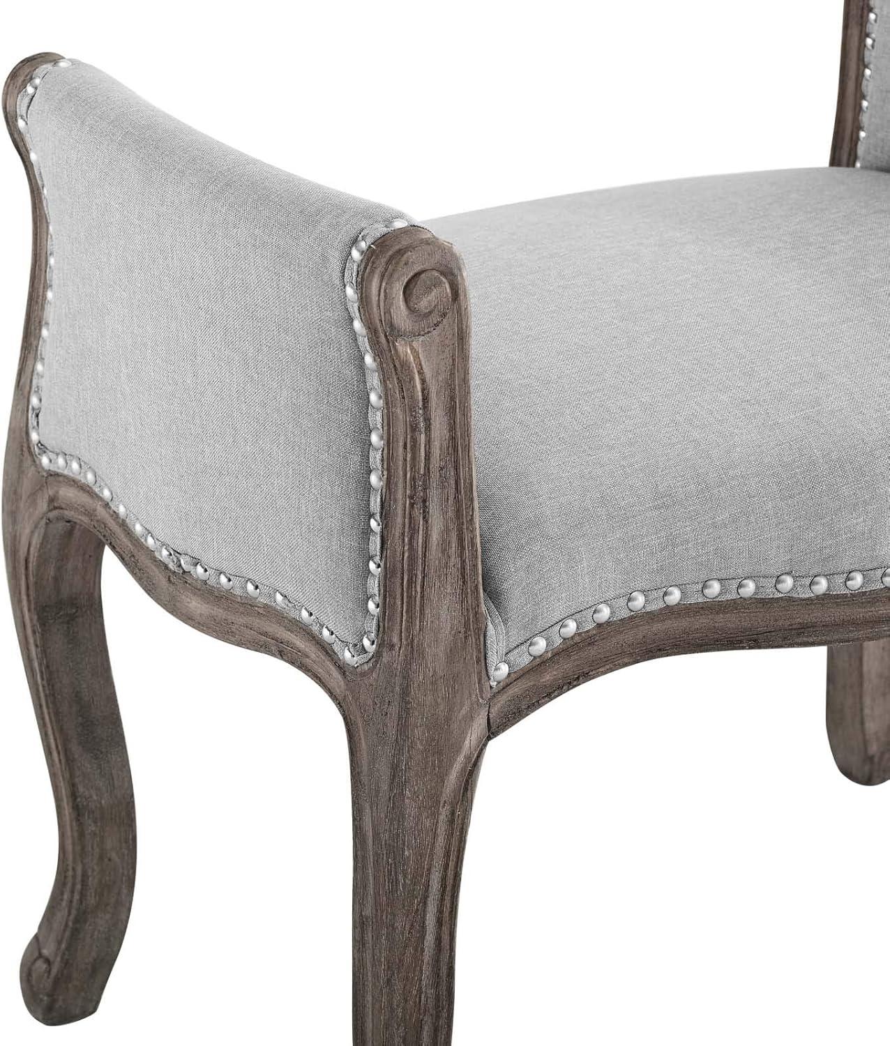 Light Gray French Upholstered Bench with Weathered Wood Legs