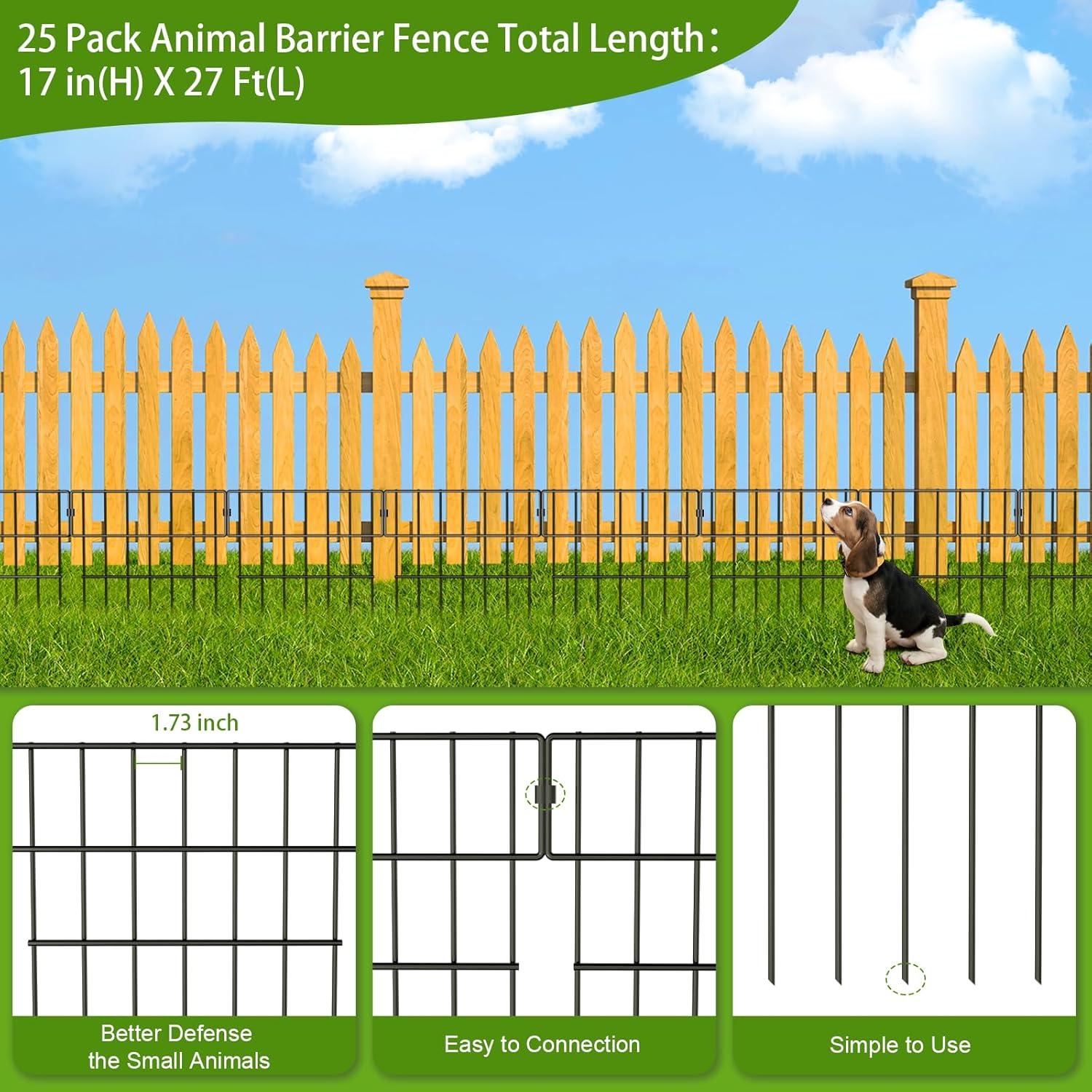 25 Pack Garden Animal Barrier Fence, 1.65inch Spike Spacing No Dig Fence, Reusable Rustproof Metal Fence Border, Dogs Rabbits Blocker Fence for Outdoor Yard, Total 27ft(L) x 17inch(H)