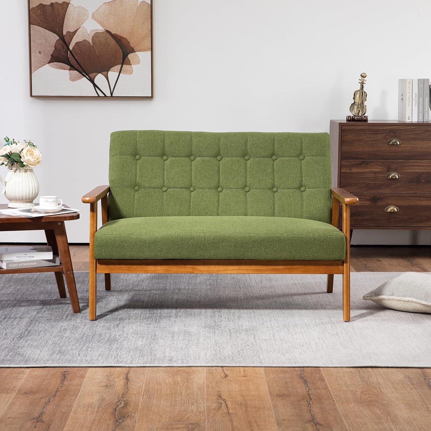 Small Modern Loveseat Sofa, Mid Century Upholstered Linen 2-Seat Couch, Love Seat for Living Room, Bedroom and Small Space (Green)