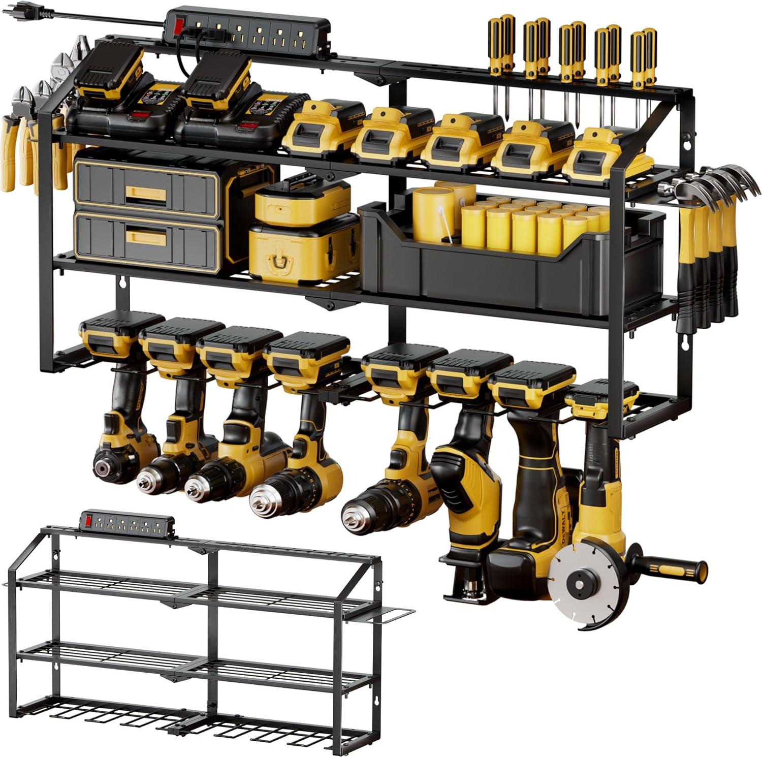Spampur Power Tool Organizer Wall Mount with Charging Station, Garage Tool Shelf 6 Drill Holders, Tool Battery Holder with Plier holder Heavy Duty Rack, Tool Storage Rack with 4 Outlet Power Strip
