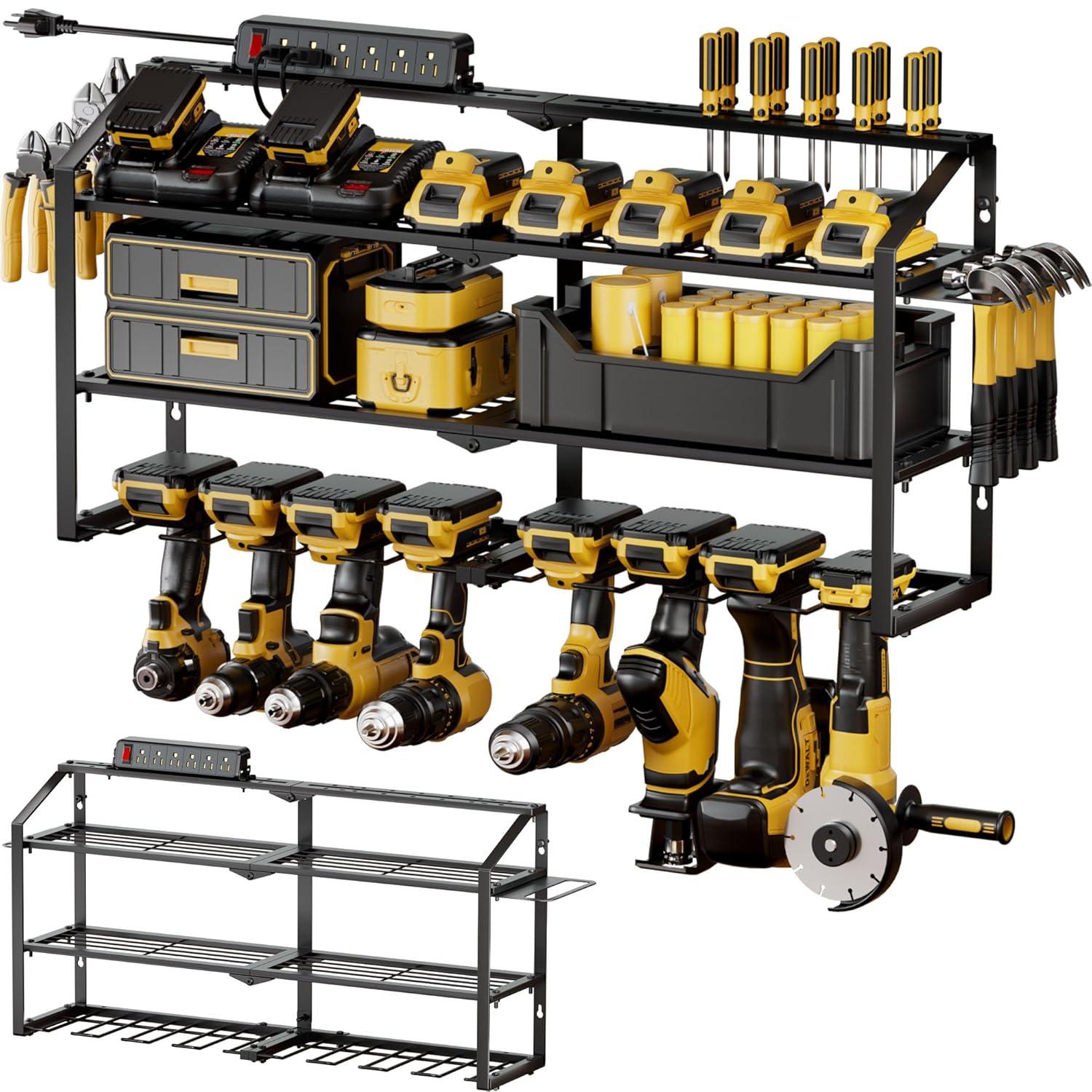 Spampur Power Tool Organizer Wall Mount with Charging Station, Garage Tool Shelf 6 Drill Holders, Tool Battery Holder with Plier holder Heavy Duty Rack, Tool Storage Rack with 4 Outlet Power Strip