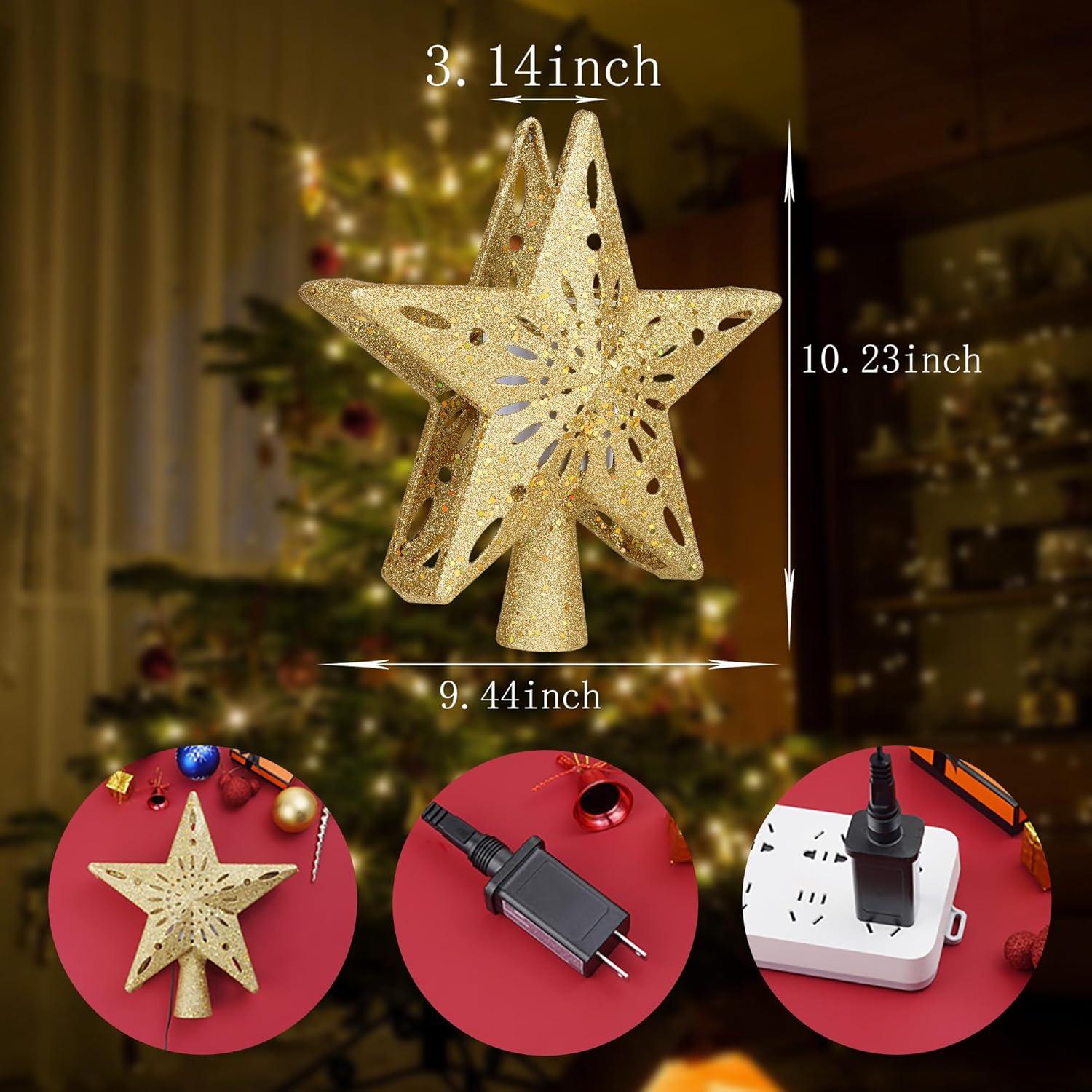 HOUFIY Christmas Tree Topper Lighted with 6 Projection Modes Star Tree Topper Built-in LED Rotating 3D Lighted Glitter Star Decorations Projector Tree Topper for Christmas Tree