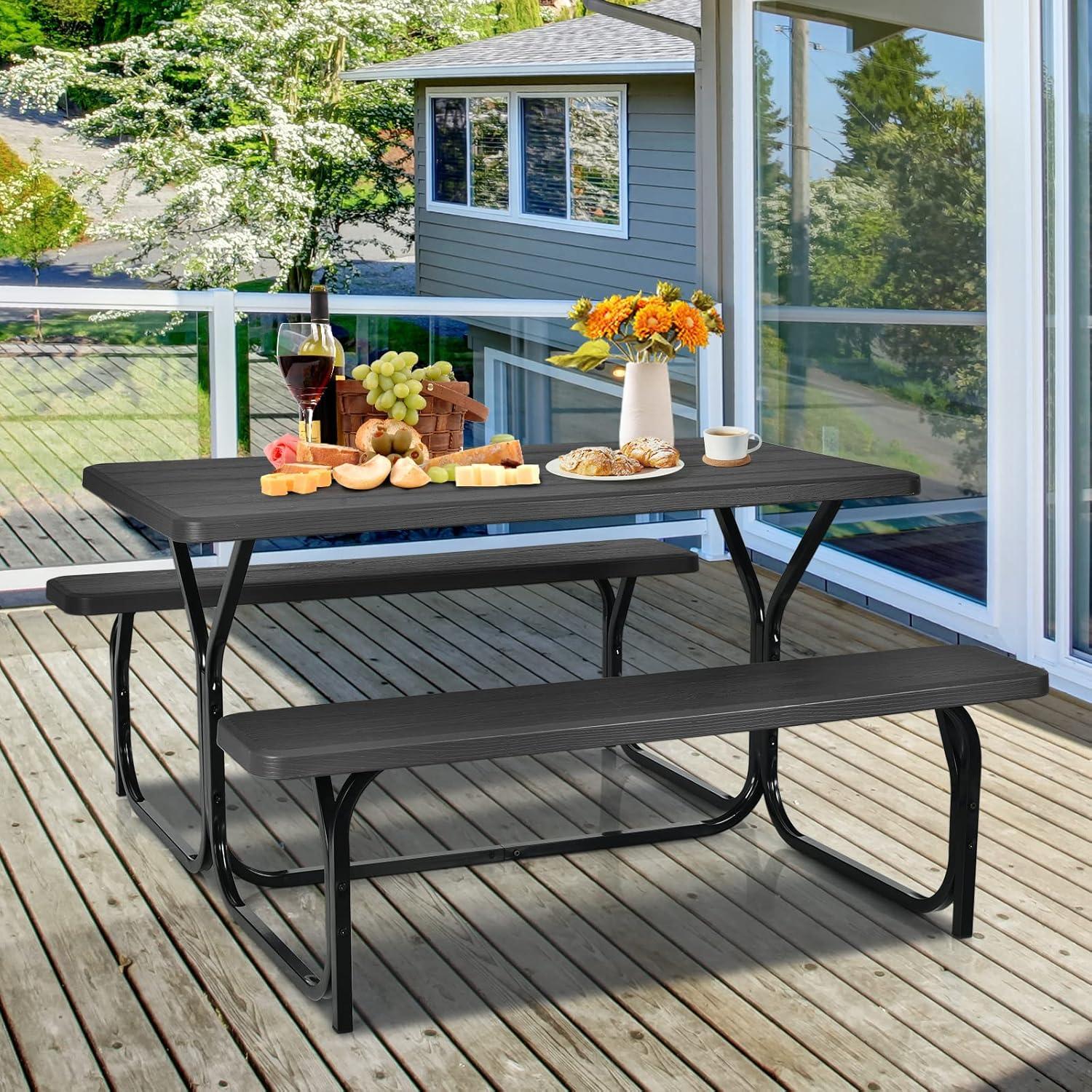 Costway Picnic Table Bench Set Outdoor Backyard Iron Patio Garden Party Dining All Weather Black