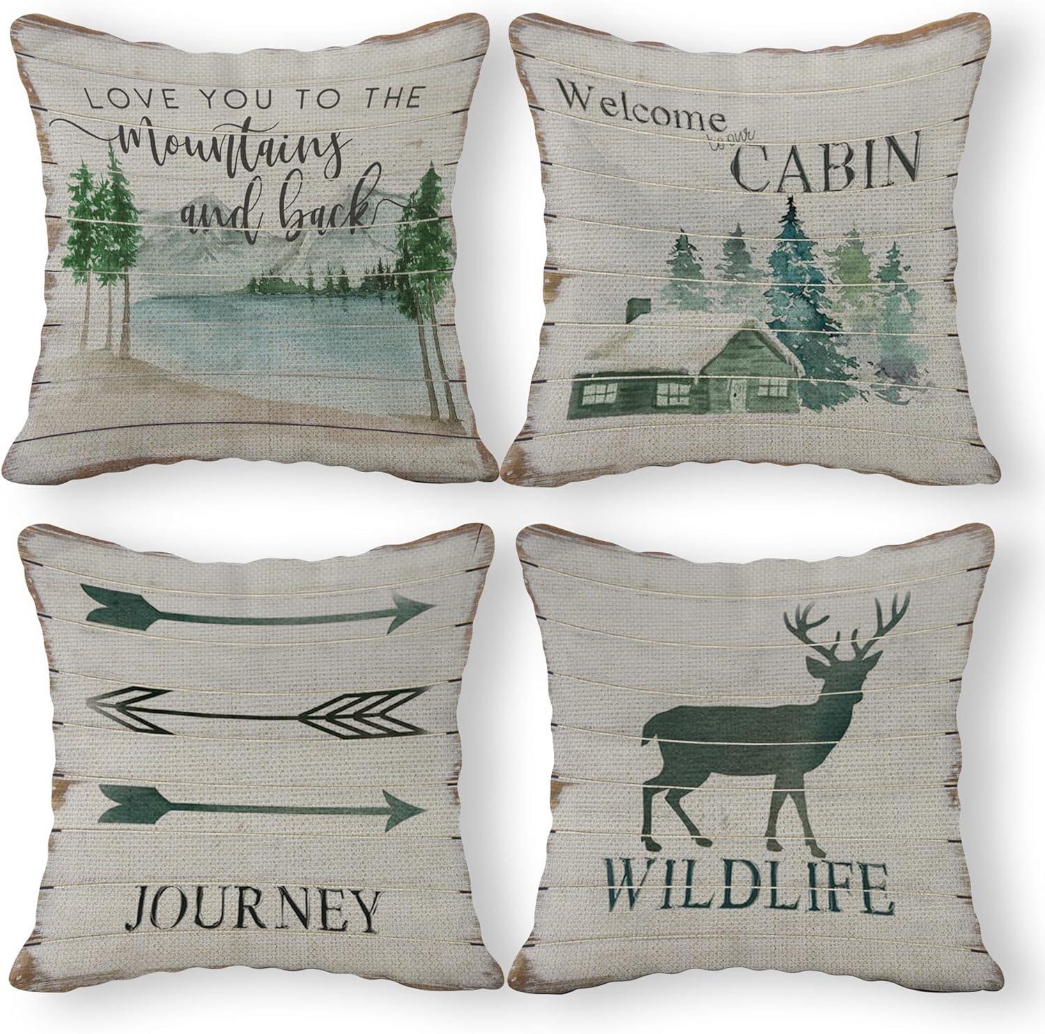 (RB) Life is Better at The Cabin Vintage Wood Grain Throw Pillow Case, 18 x 18 Inch Set of 4, Cabin Outdoor Porch Decorative, Cabin Decor, Cabin Rules Decor, Cabin Pillows Cover for Sofa Couch Bed