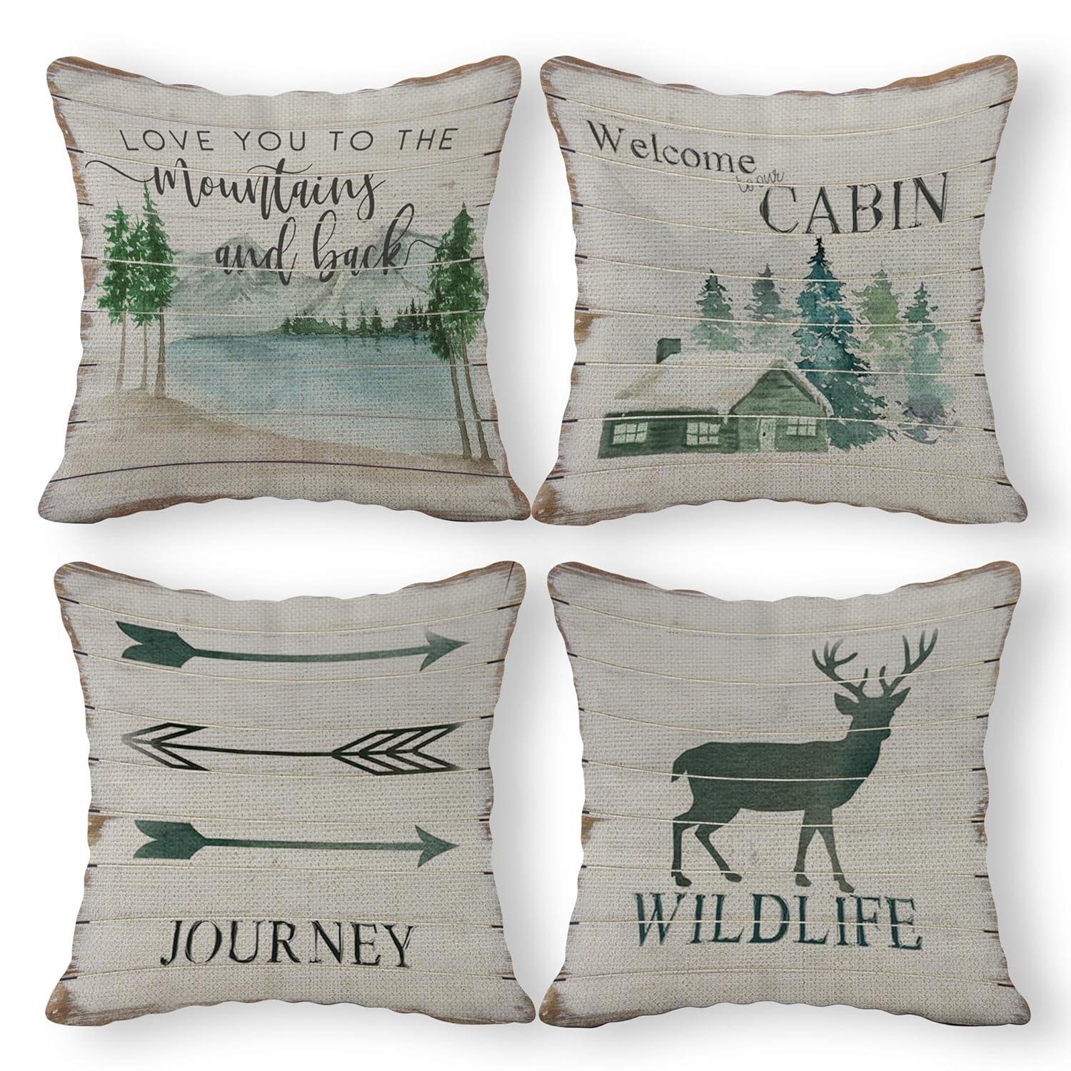 (RB) Life is Better at The Cabin Vintage Wood Grain Throw Pillow Case, 18 x 18 Inch Set of 4, Cabin Outdoor Porch Decorative, Cabin Decor, Cabin Rules Decor, Cabin Pillows Cover for Sofa Couch Bed