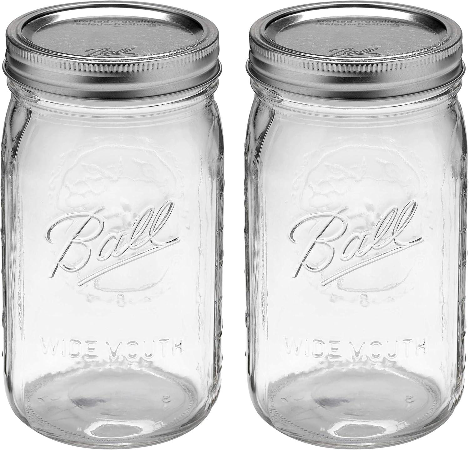 Set of 2 Clear Glass Quart Jars with Silver Lids