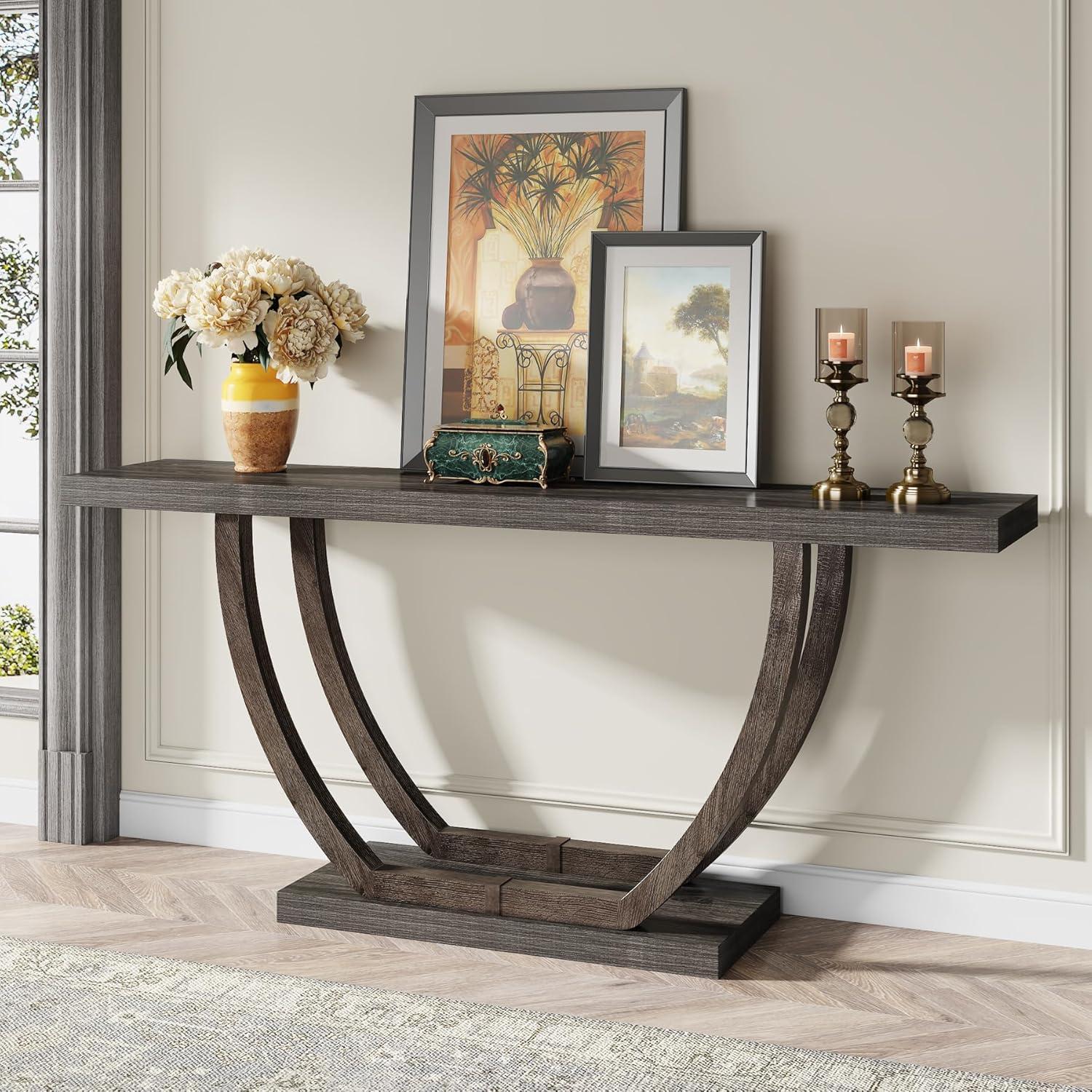 Resenkos Entryway Table, Console Sofa Table,63" Farmhouse Console Table, 2-Tier Entryway Sofa Table Gray