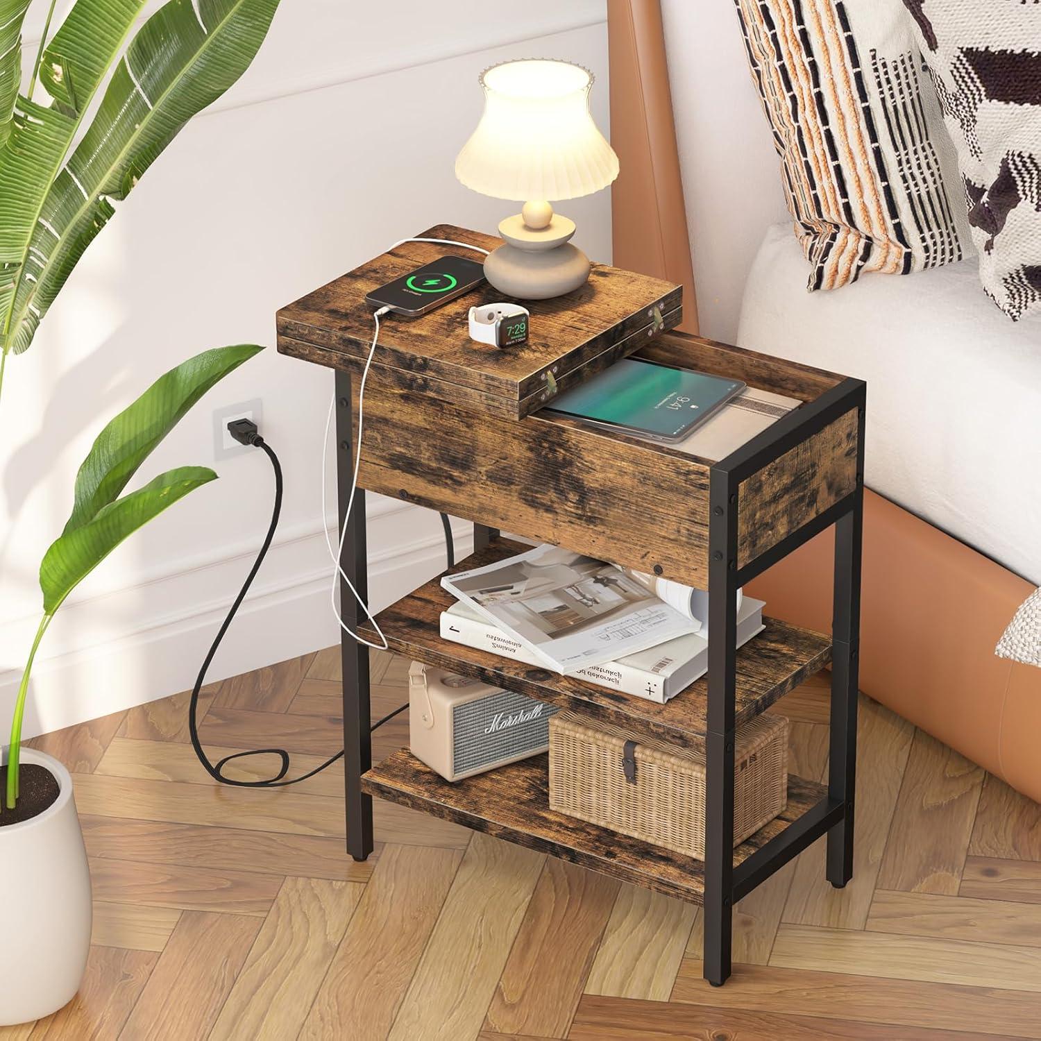 Bedroom table with USB charging port, three-layer storage shelf, and power socket-brown