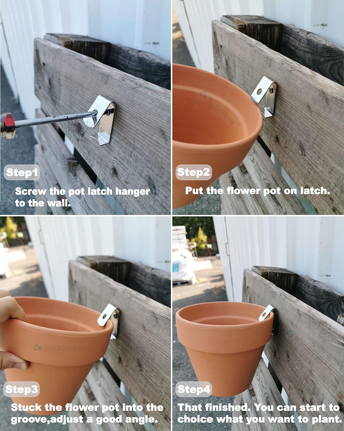 NACETURE Stainless Steel Plant Hangers Flower Pot Clips 12 Pcs - Outdoor Wall Hook Metal Plant Stand Holds 5" to 8" Standard Flower Pot