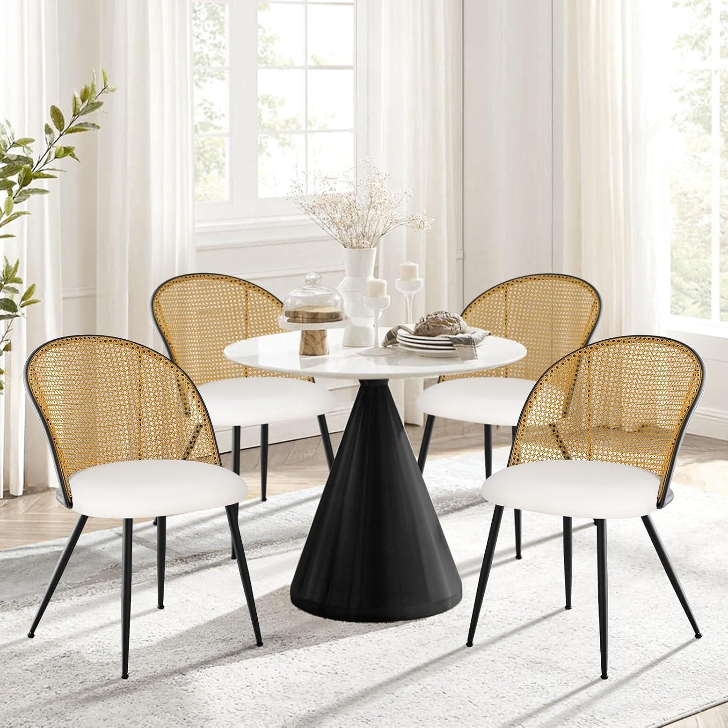 Lucky Monet Modern Upholstered Rattan Dining Chairs Set of 2/4 Set of 2 - PU-White-Natural Back