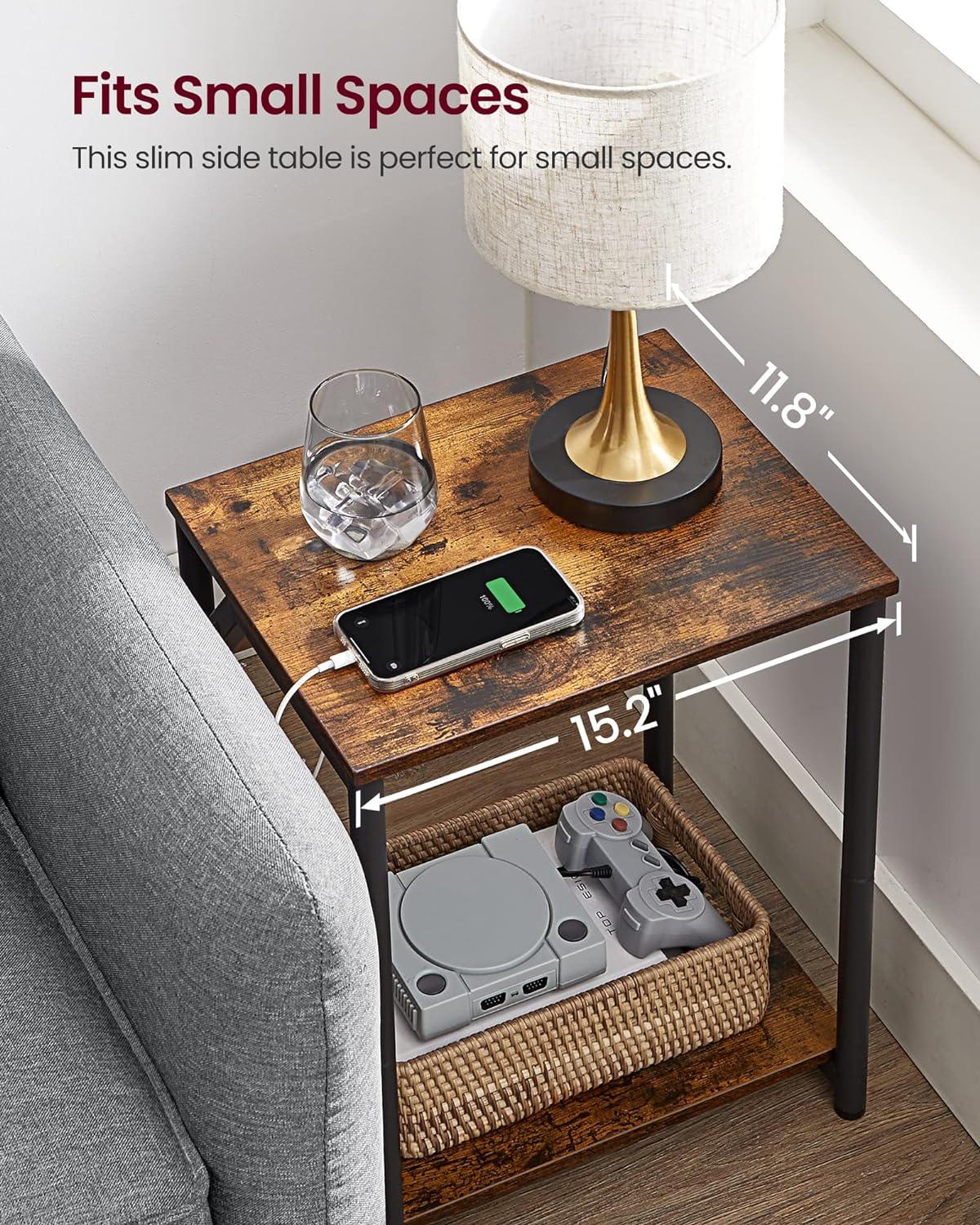 Rustic Brown and Black Metal End Table with Charging Station