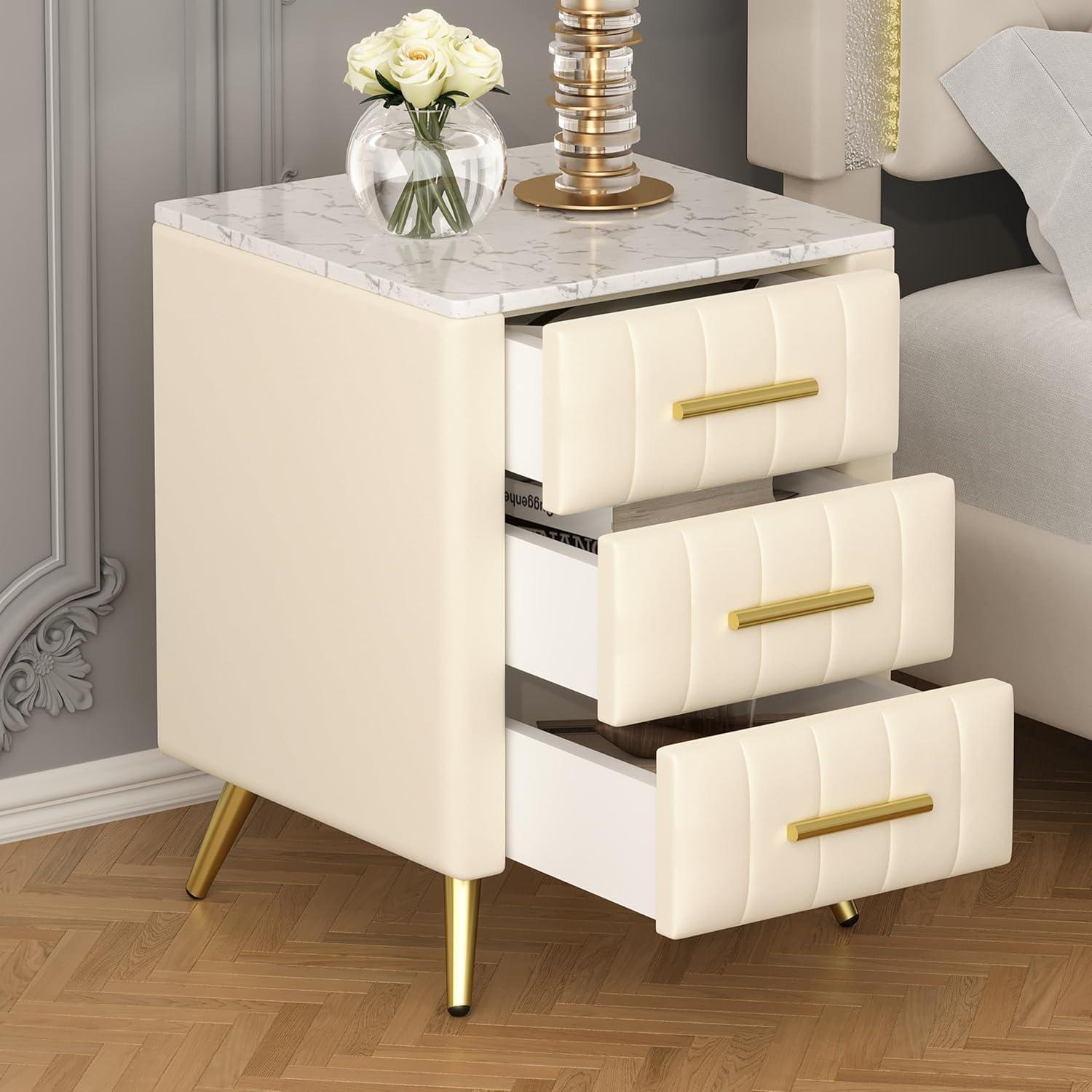 Churanty Upholstered Wooden Nightstand with 3 Drawers and Metal Legs & Handles,Bedside Table with Marbling Worktop,Beige