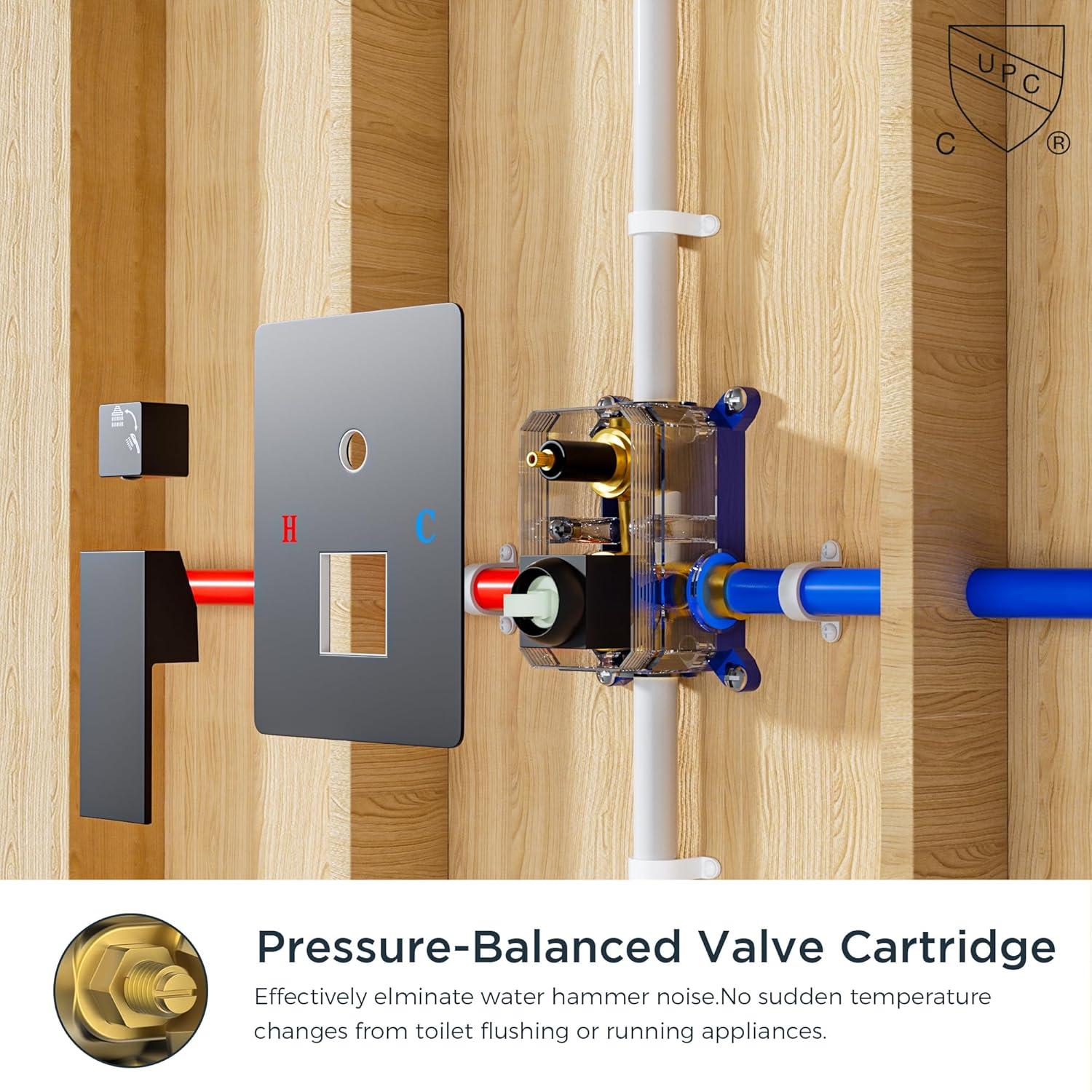 FORIOUS Shower Head System, 10 Inch Rain Shower Faucet Set with Handheld Spray Combo Rough-in Valve, Solid Brass Pressure Balanced Valve Trim Kit, Ceiling Mount, Matte Black