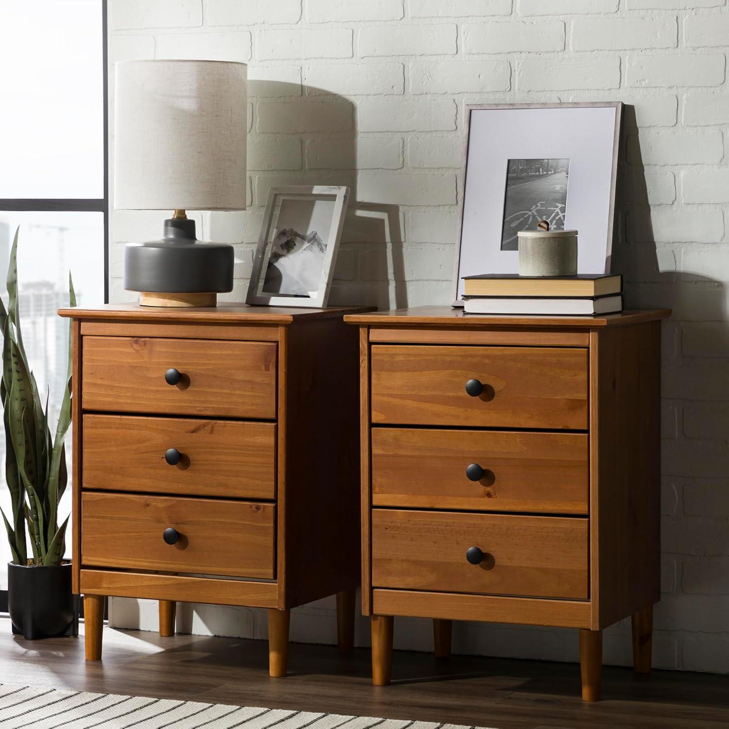 Mid-Century Solid Wood 3-Drawer Bedroom Nightstand in Caramel (Set of 2)