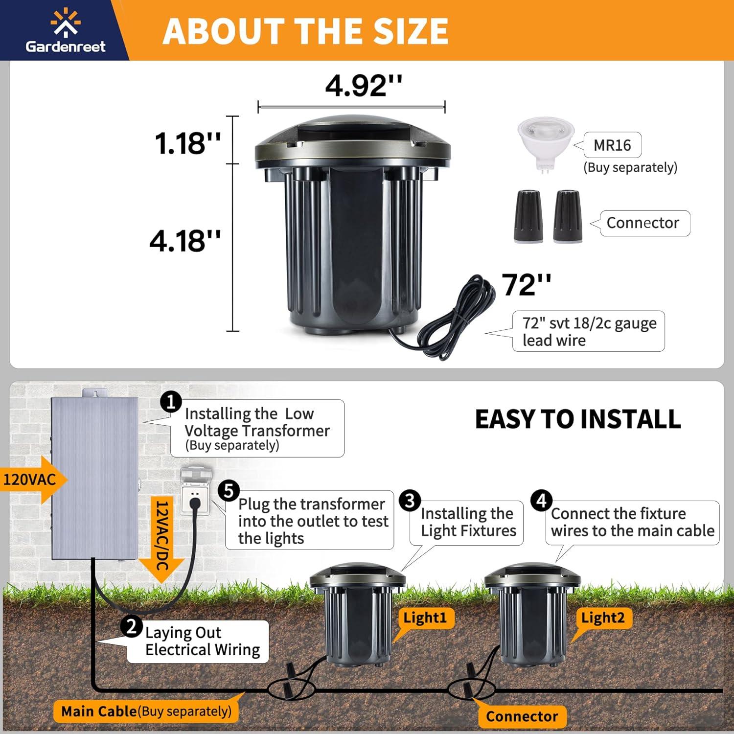 Gardenreet Brass Well Lights Landscape Led In Ground,12V LED Low Voltage Landscape Lighting Well Lights for Garden, Pathway Without MR16 Bulb(One-Direction Turret)