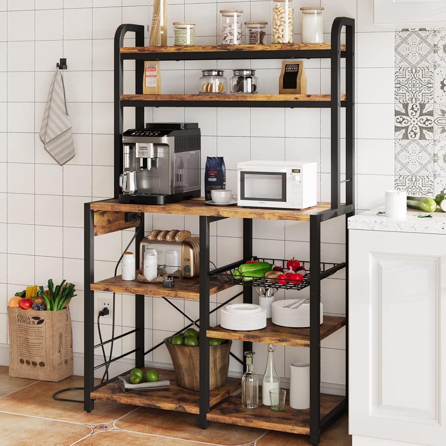 Bakers Rack with Power Outlet, Coffee Bar with Wire Drawer, Microwave Stand, Kitchen Buffet Table with Large Storage, 6-Tier Kitchen Storage Rack with Hutch for Dining, Living Room, Brown