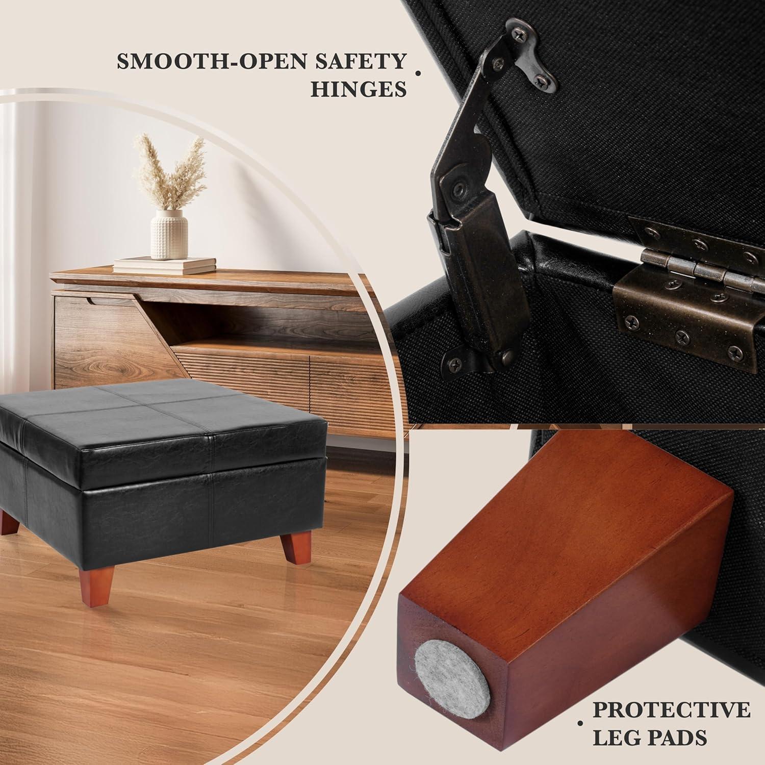 Homepop Home Decor |K2380-E169 | Luxury Large Faux Leather Square Storage Ottoman | Ottoman with Storage for Living Room & Bedroom, Black