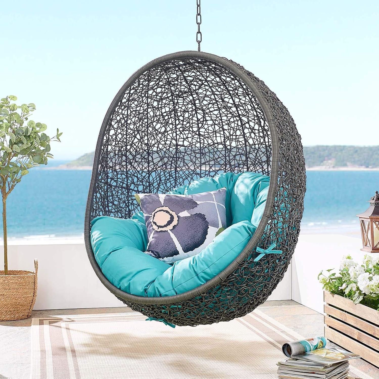 Gray and Turquoise Rattan Outdoor Patio Swing Chair with Stand